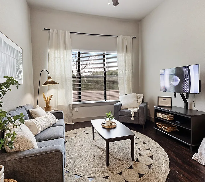 Charming living room with cozy gray sofa, stylish armchair, soft lighting, decorative plants, and modern entertainment area.