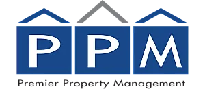 Premier Property Management logo with sleek blue and gray design, featuring three stylized house shapes.