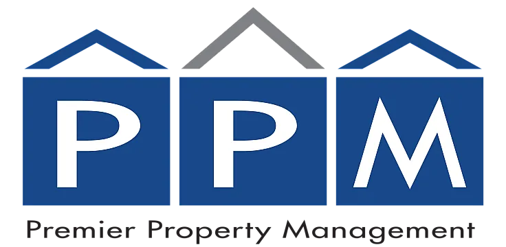 Premier Property Management logo featuring stylized houses and bold blue letters PPM.