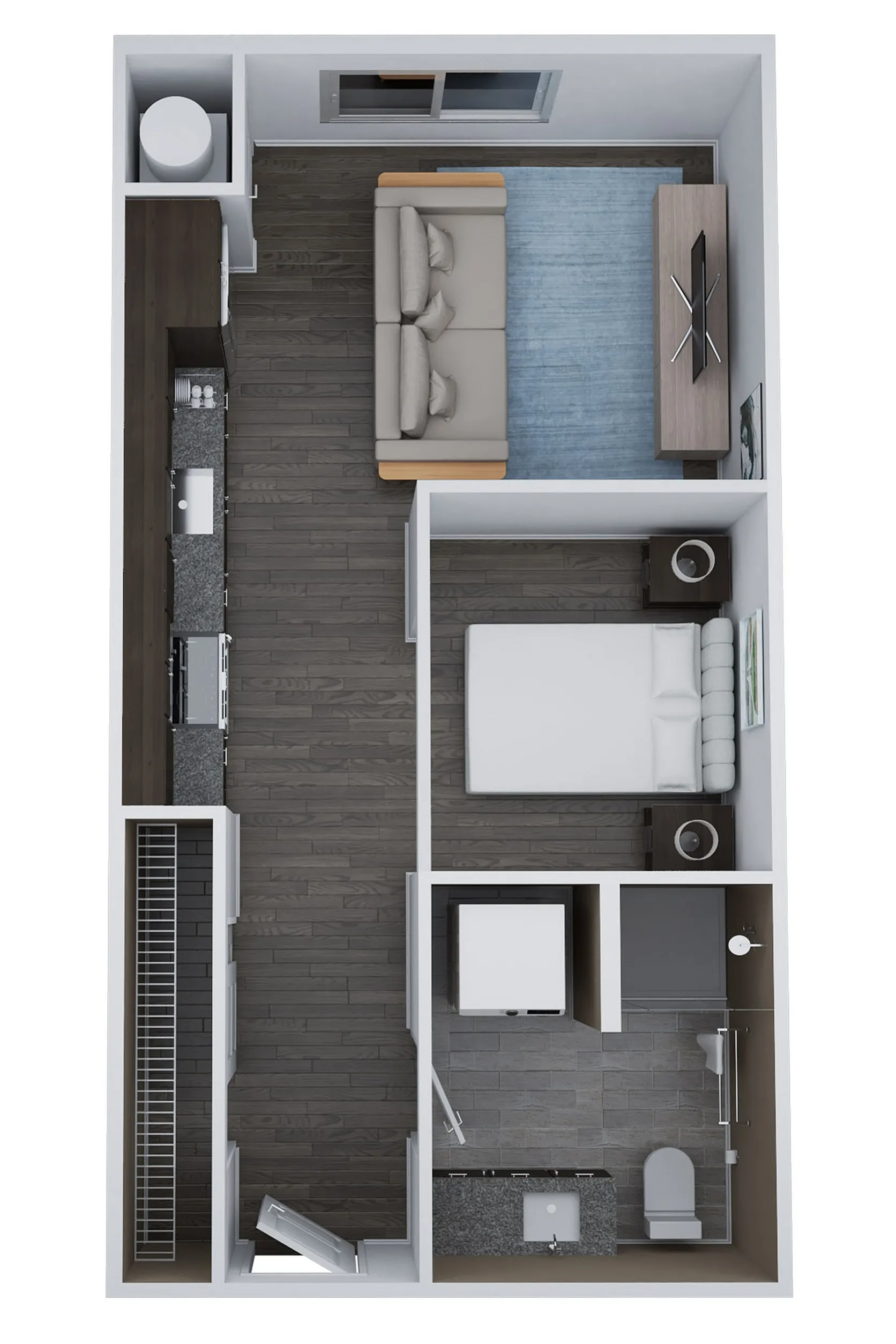 Chic studio apartment floor plan, featuring a cozy living and sleeping area, modern kitchen, and stylish bathroom in 496 sq ft.