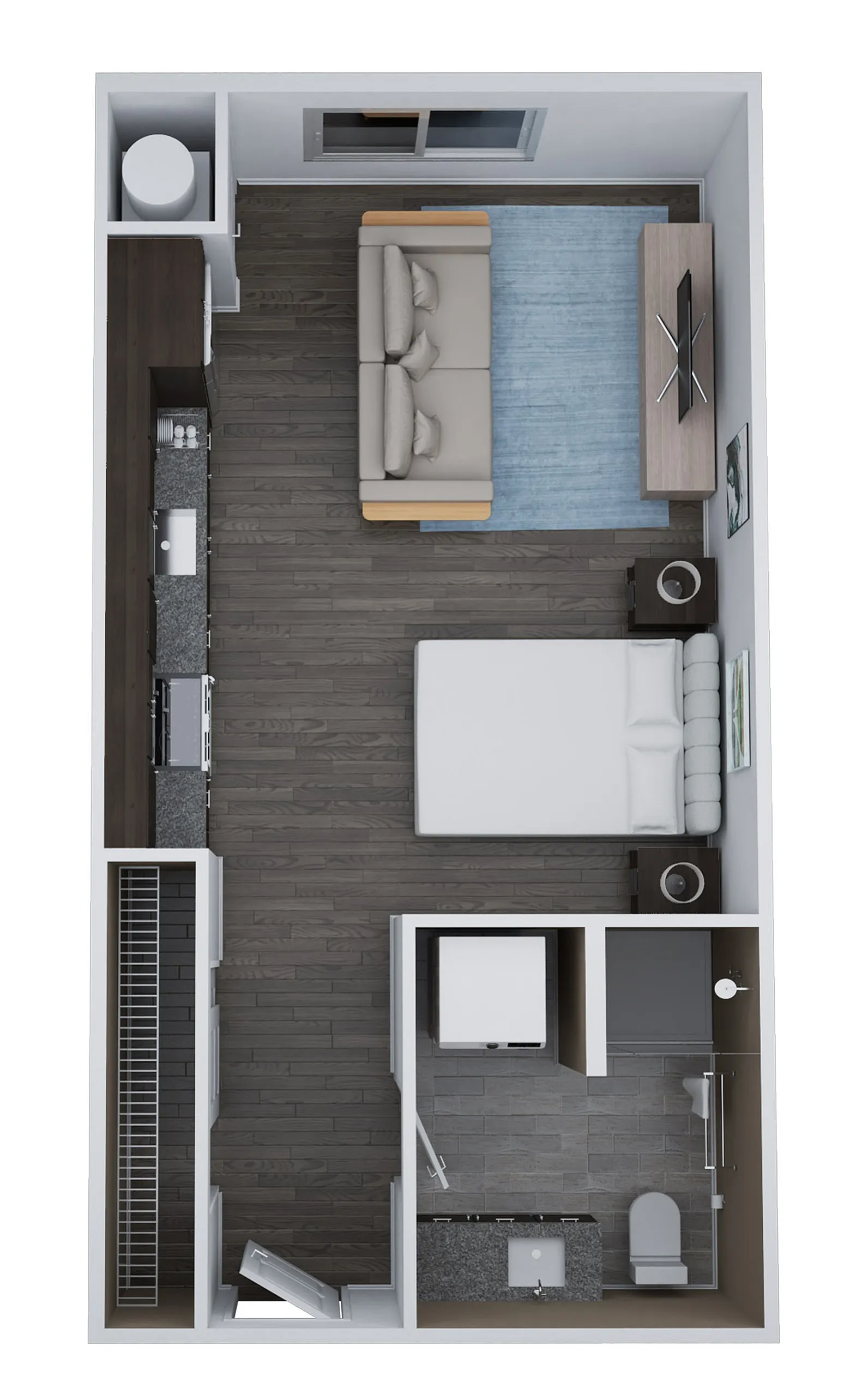 Modern studio unit with efficient layout featuring open living area, compact kitchen, cozy bedroom, and stylish bathroom, covering 496 sq ft.