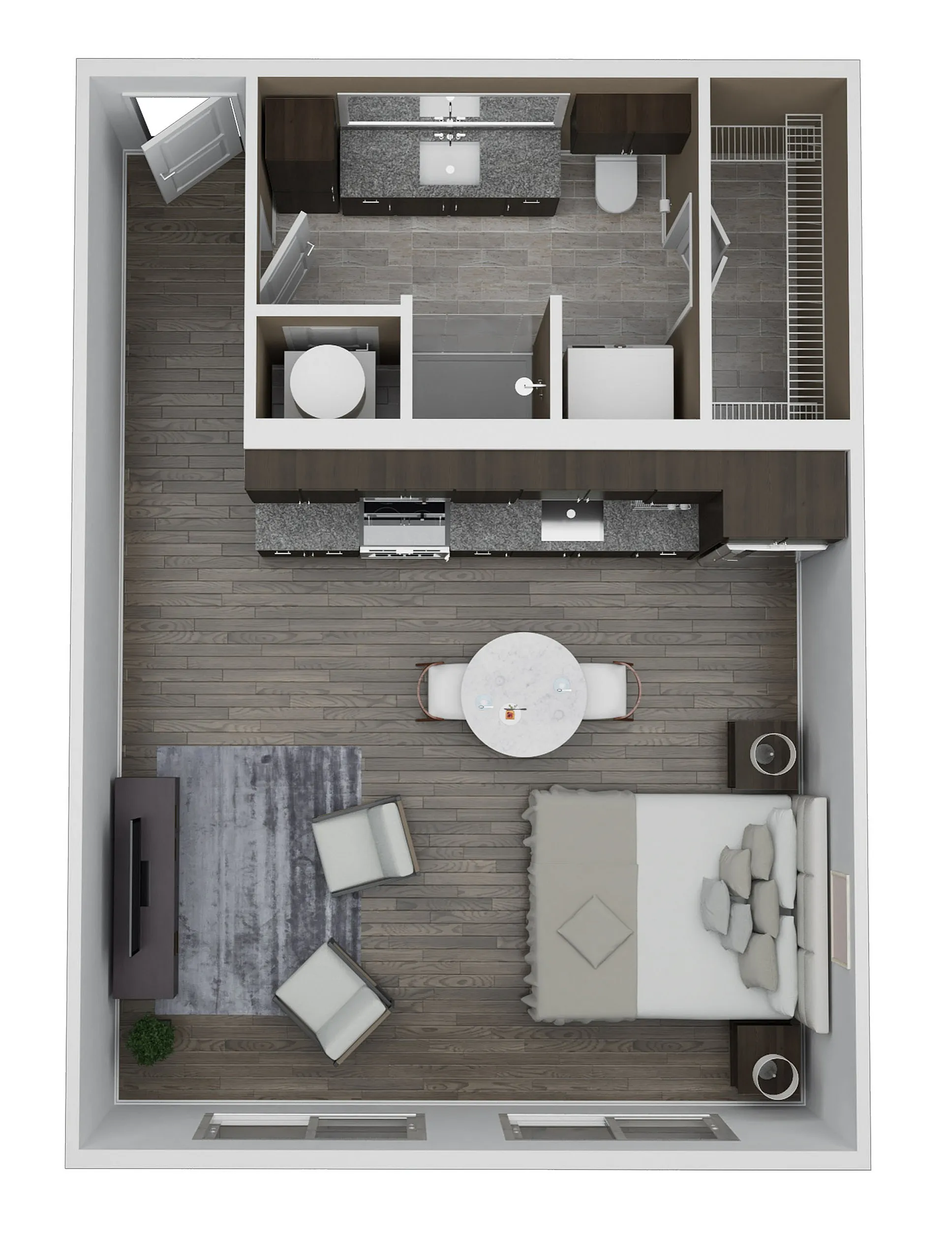 Modern studio apartment floor plan featuring an open-concept layout with a cozy sleeping area, stylish living space, compact kitchen, and well-appointed bathroom, totaling 580 sq. ft.