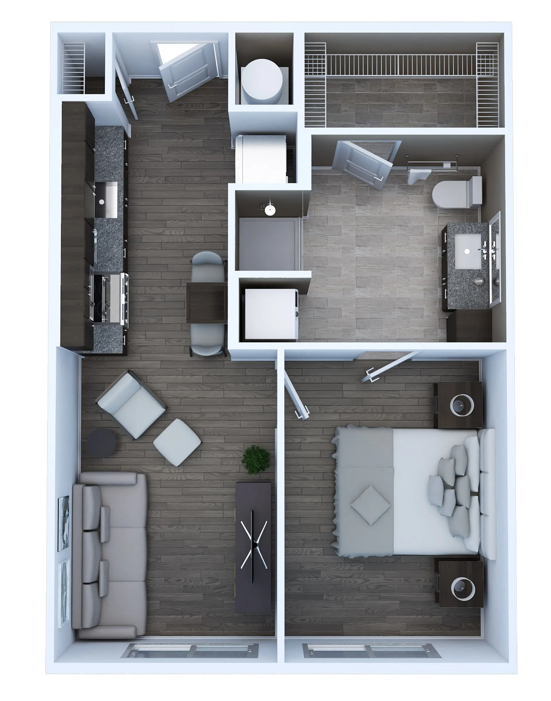 Modern studio apartment floor plan Unit AE2 featuring an open living area, sleek kitchen, and cozy bedroom in 580 sq. ft.
