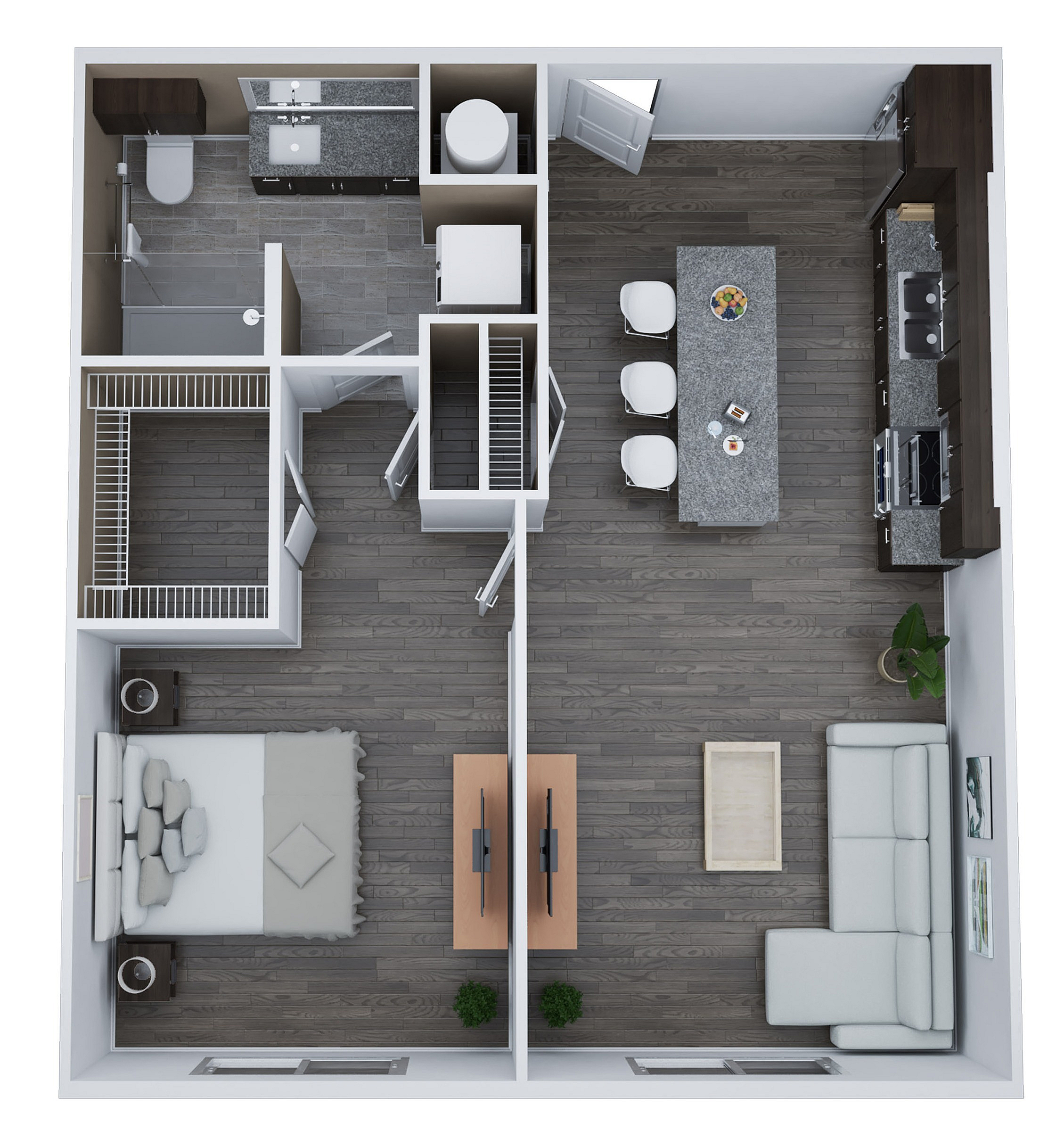 Unit B1 floor plan with 1 bedroom, 1 bath, 780 sq. ft., featuring a modern kitchen and cozy living area.