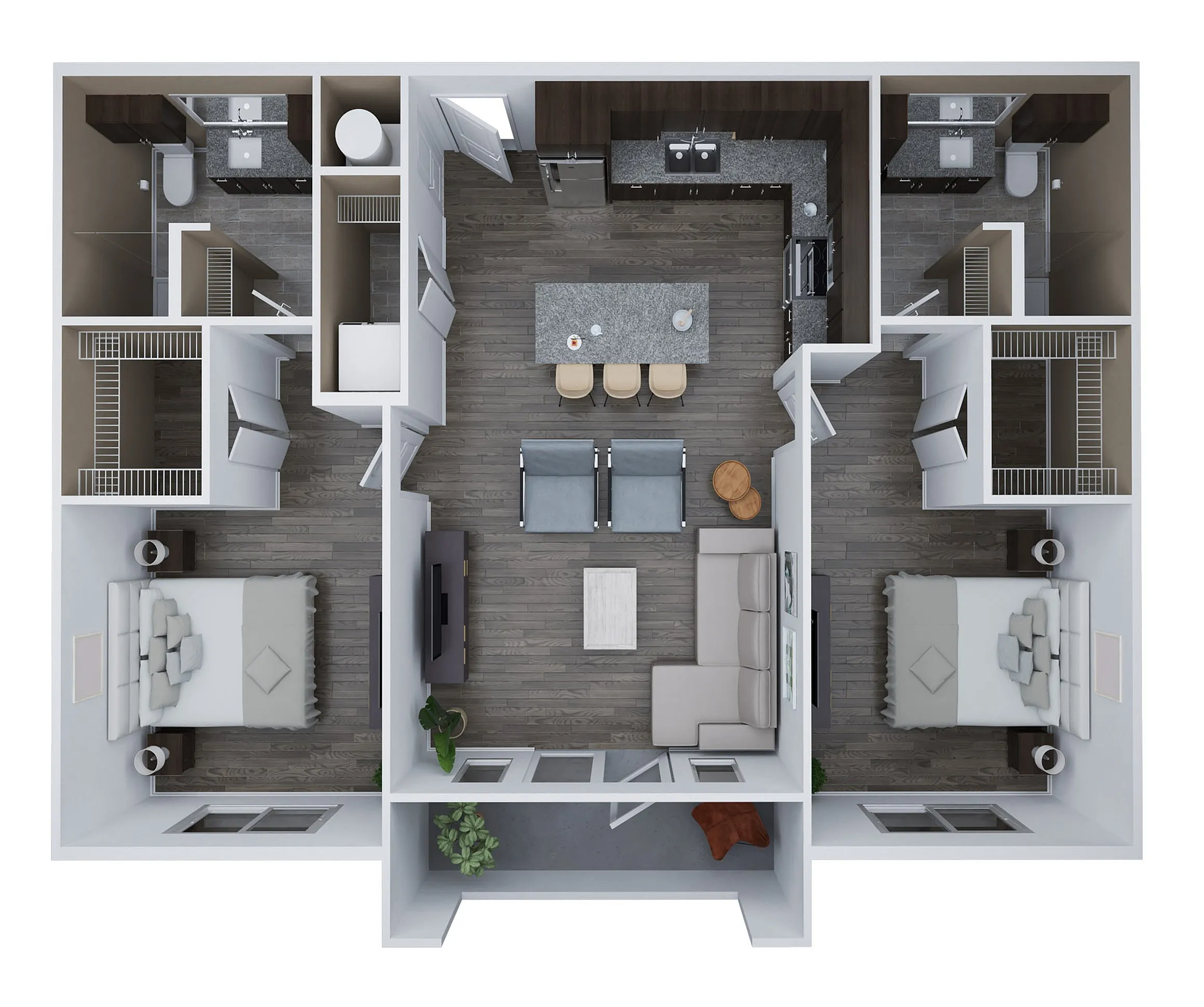 Contemporary Unit D floor plan showcasing 2 bedrooms, 2 bathrooms, open-concept kitchen, and living area, spanning 1,134 sq. ft.