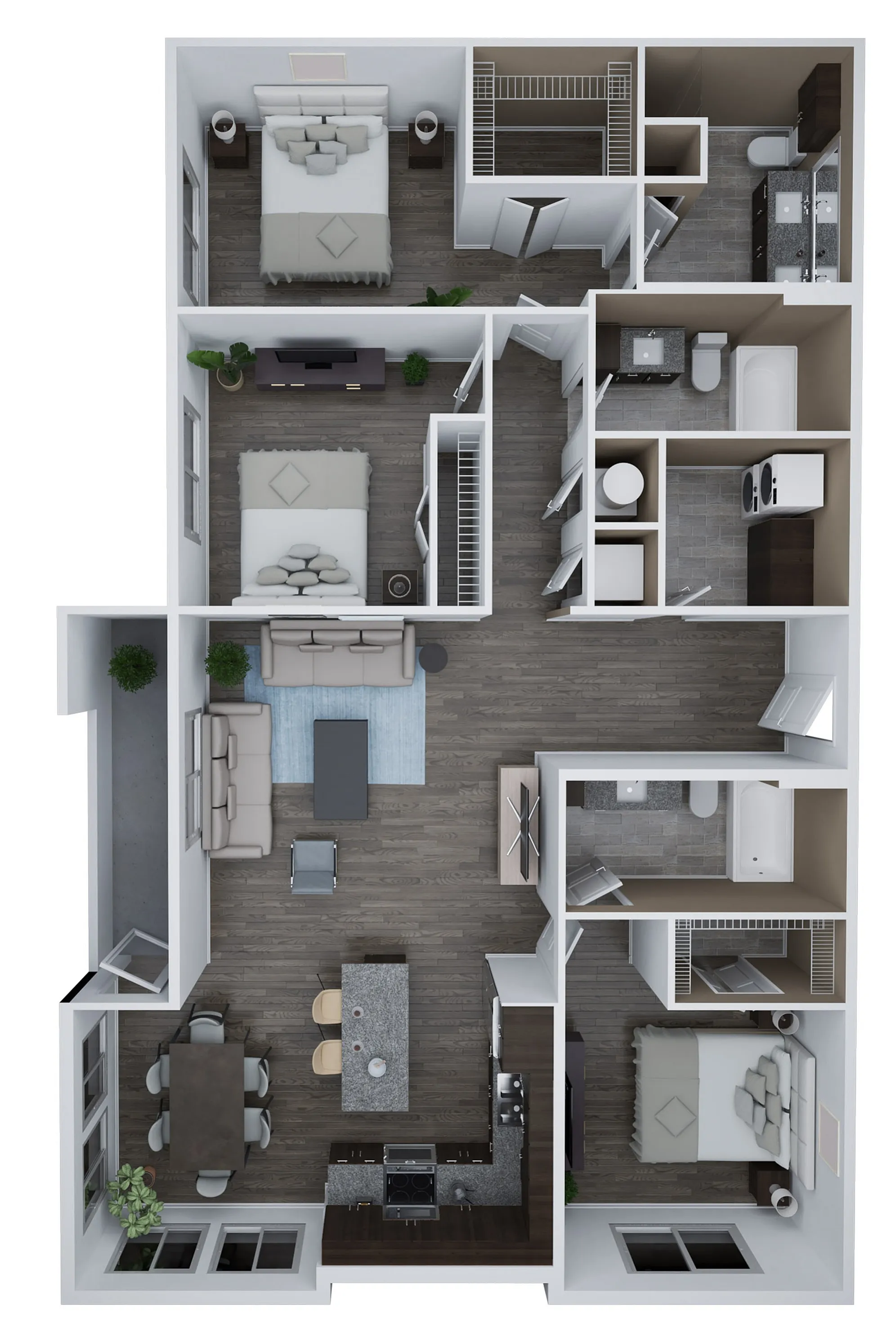 Modern floor plan of Unit F2 featuring 3 spacious bedrooms, 3 elegant bathrooms, open-concept living and dining area, and a sleek kitchen, totaling 1,594 sq ft.