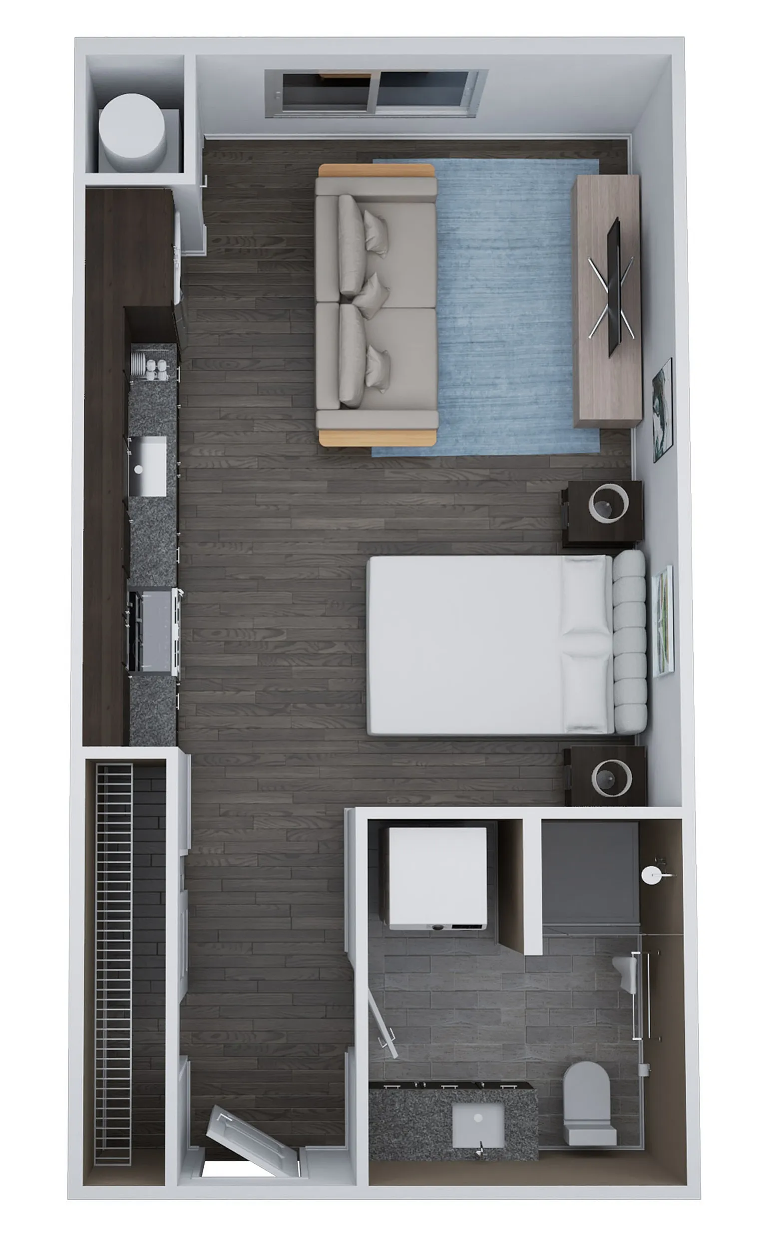 Modern floor plan of Unit AM1 featuring a cozy studio layout with open-concept living and sleeping area, functional kitchen, and stylish bathroom, 496 sq ft.