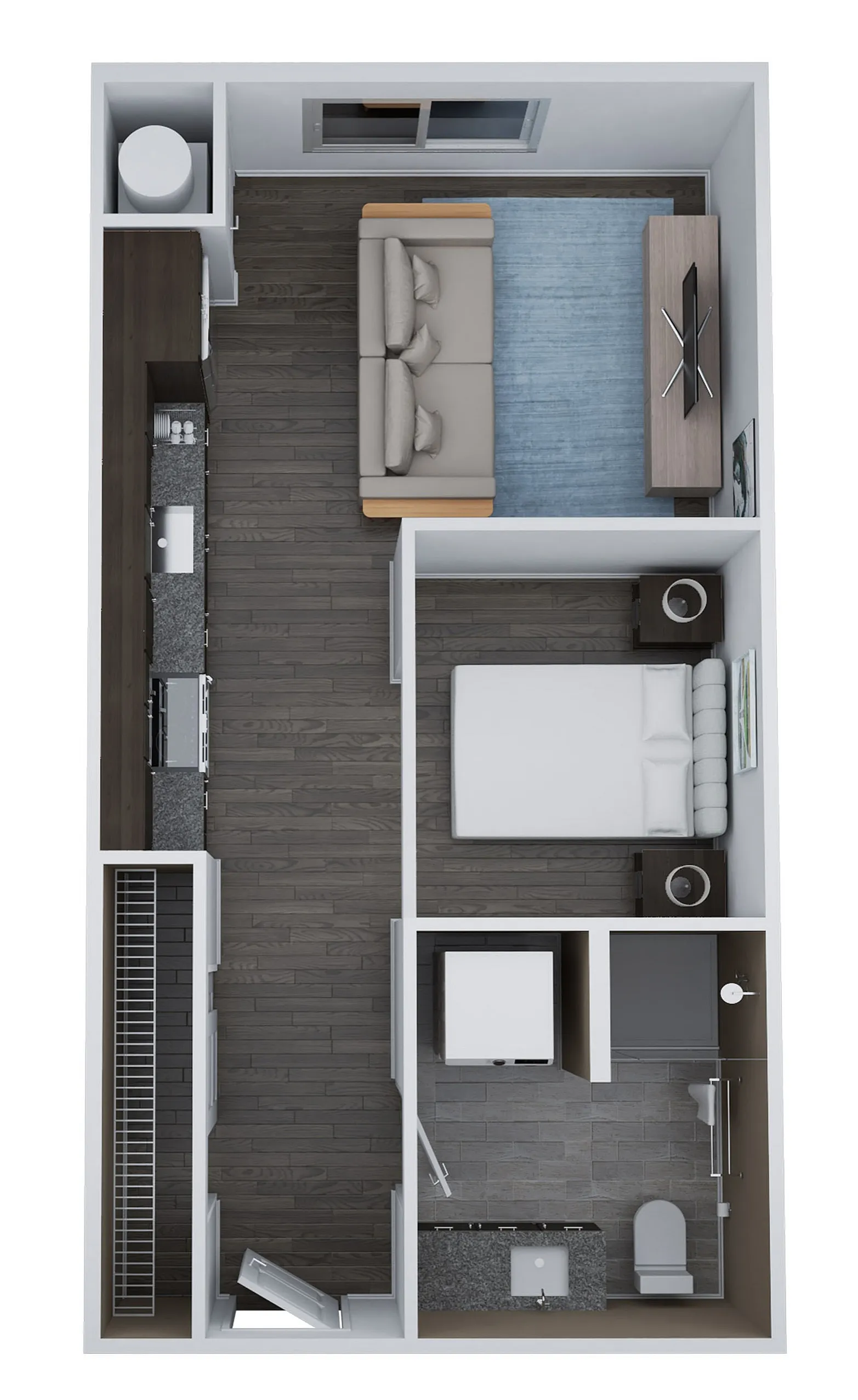 Modern 3D floor plan of Unit AM2, showcasing an inviting studio layout with an open living area, sleek kitchen, and a stylish bathroom, totaling 496 sq. ft.