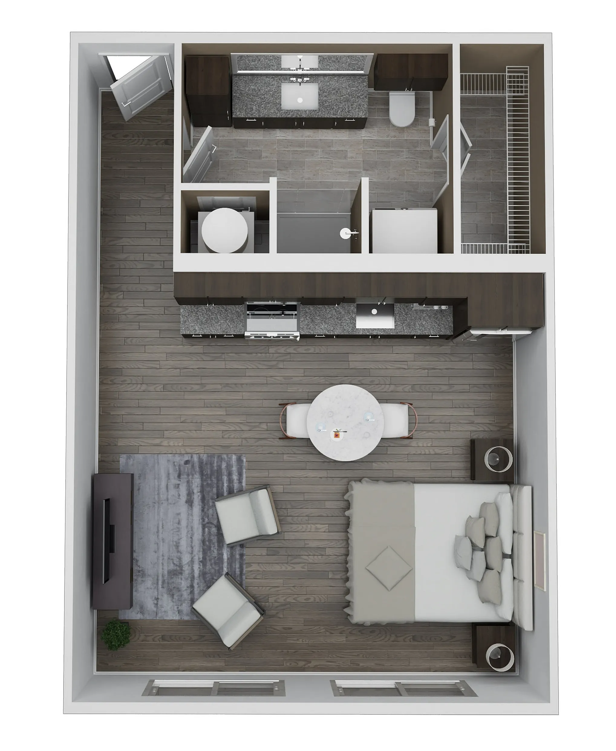 Chic and compact studio apartment floor plan, Unit AE1, featuring 1 bath and a cozy living area in 580 sq. ft.