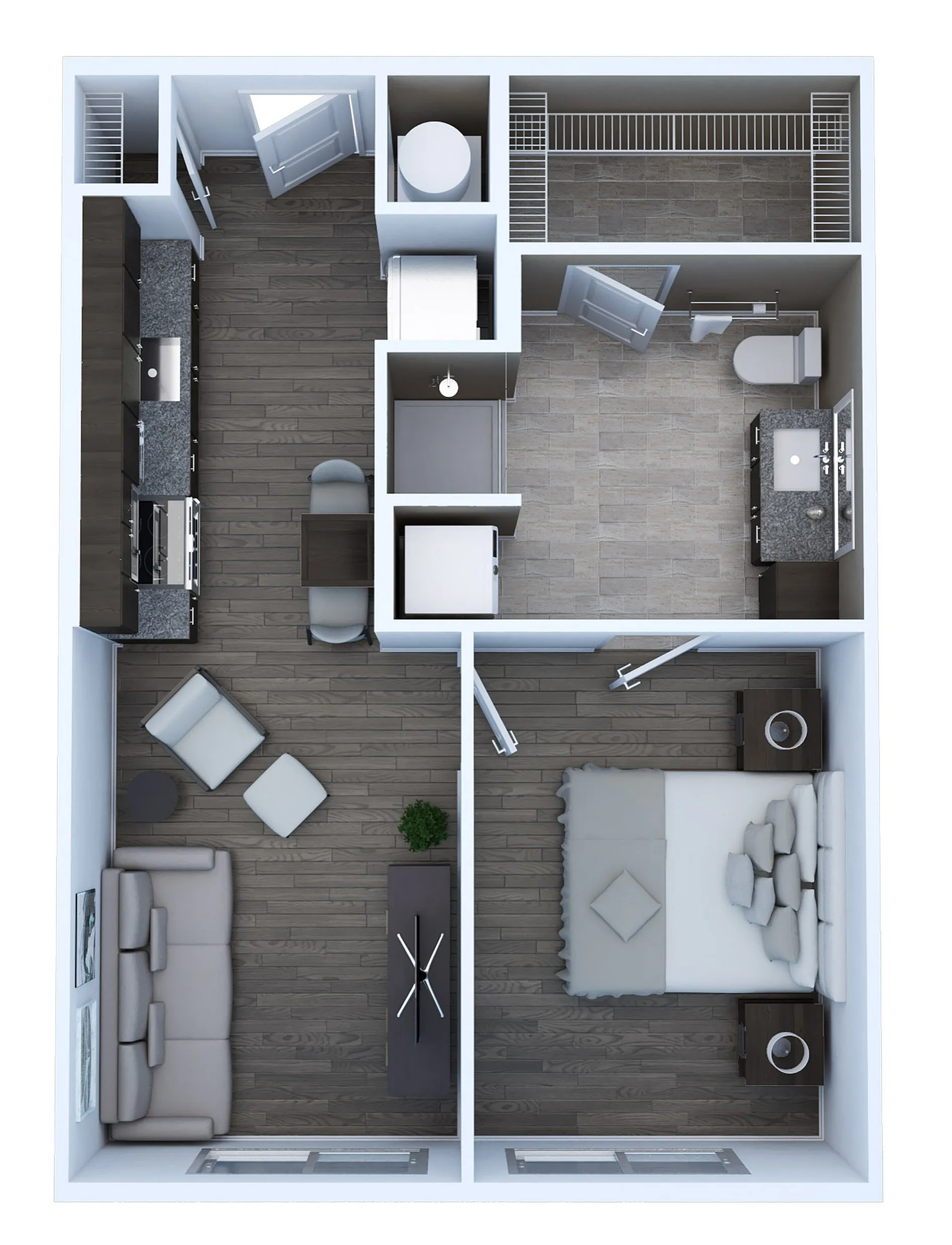Chic 2D floor plan for Unit AE2 featuring a studio layout with a spacious open-concept living area, modern kitchen, cozy bedroom, and 1 bath, covering 580 sq. ft.