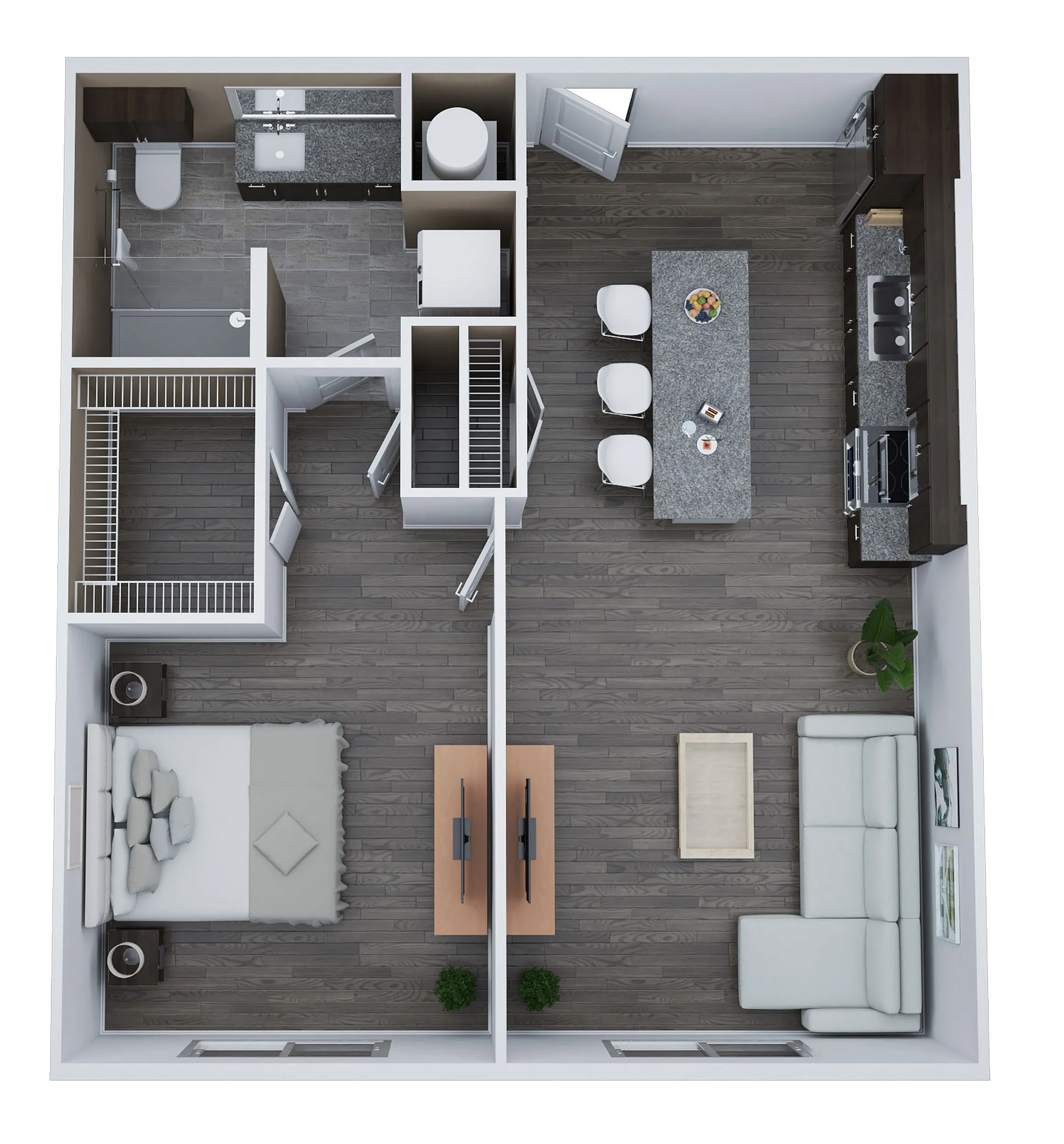 Modern 3D floor plan of Unit B1 featuring 1 bedroom, 1 bathroom, and a stylish open-concept living and kitchen area, spanning 780 sq. ft.