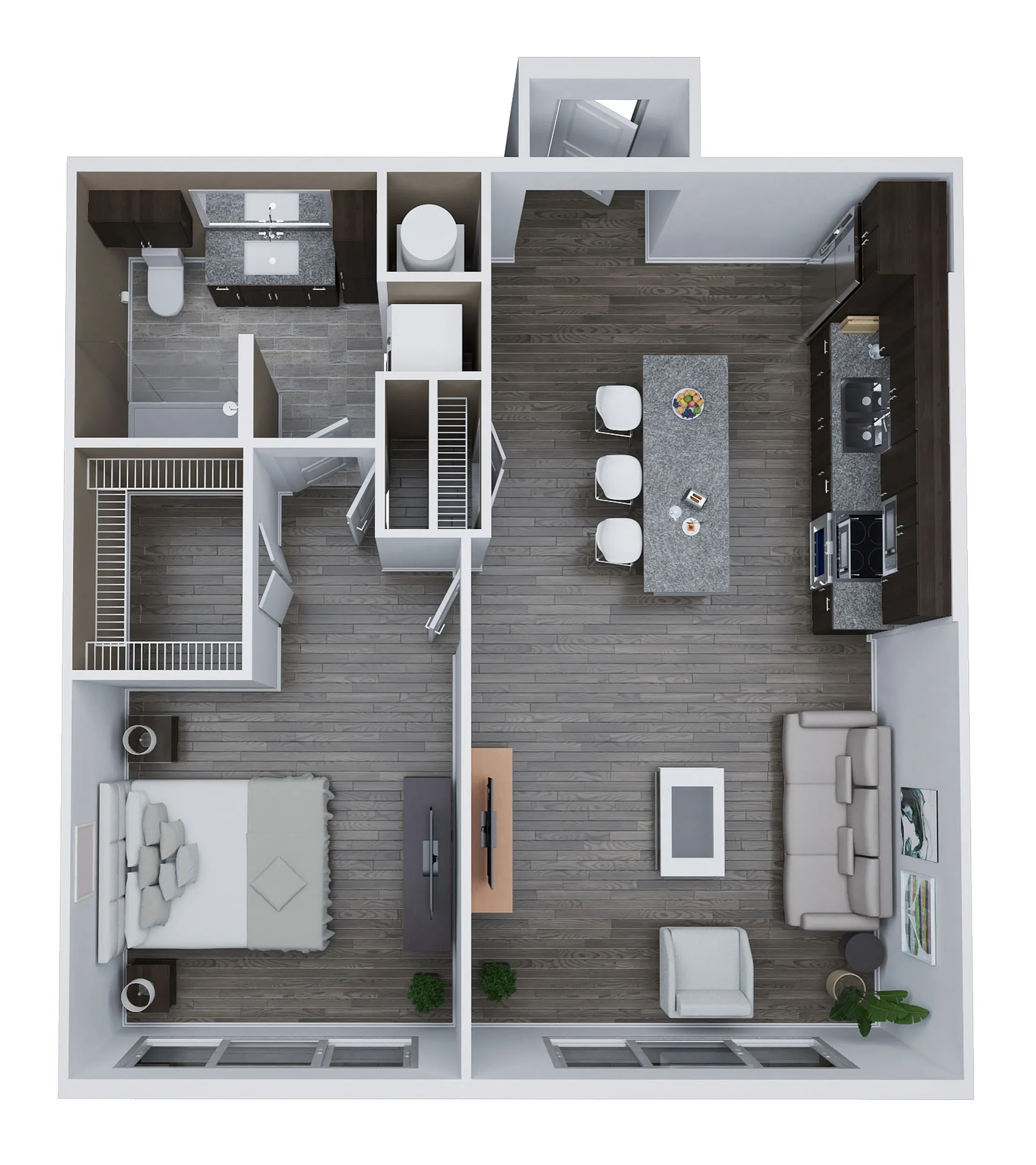 Modern 3D floor plan of Unit B2 showcasing 1 bedroom and 1 bath over 797 sq. ft., featuring a stylish open-concept living area with a sleek kitchen and cozy living room.