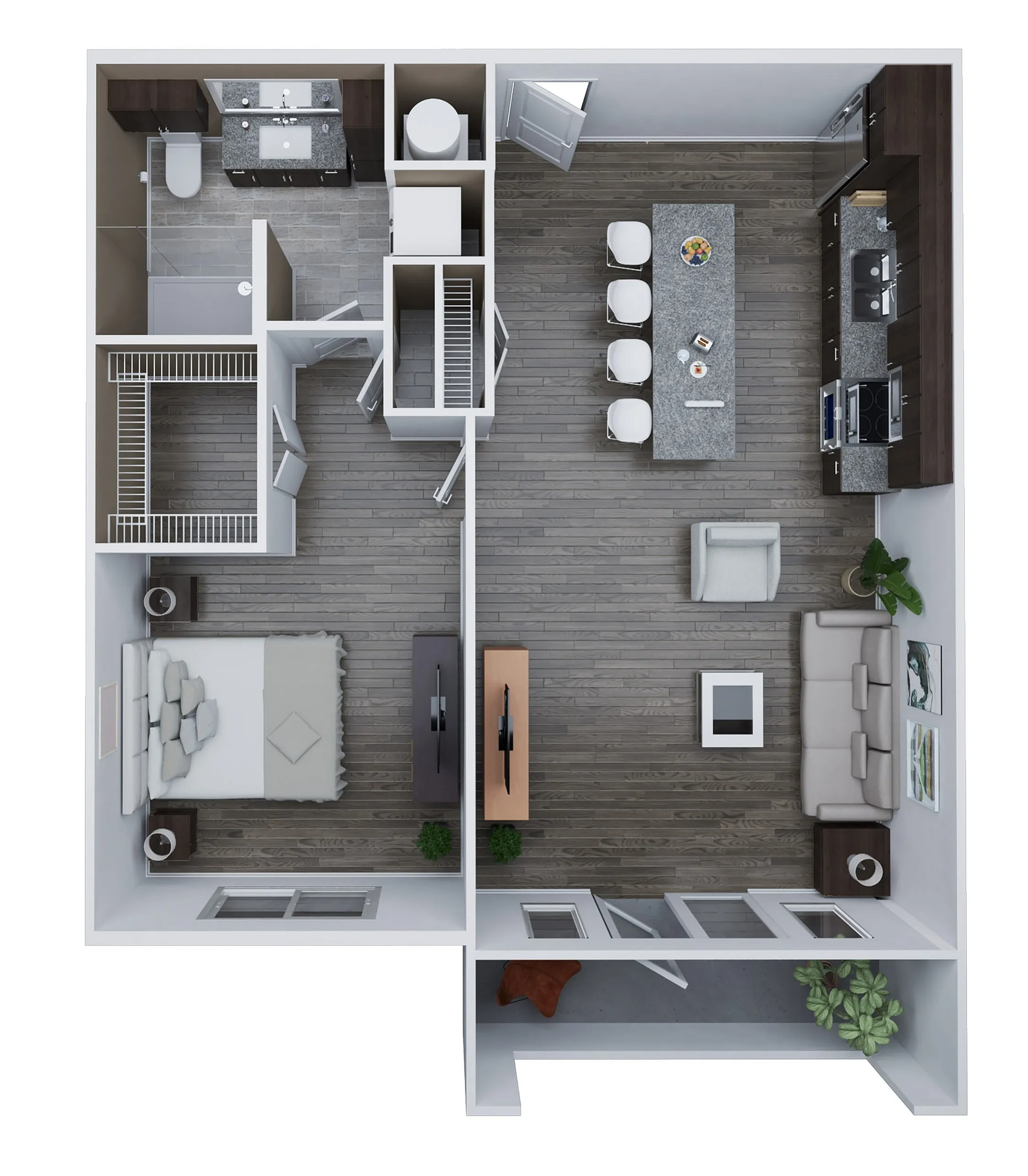 Unit B3 modern floor plan featuring 1 bedroom, 1 bathroom, a gourmet kitchen, and a cozy living area, covering 825 sq. ft.