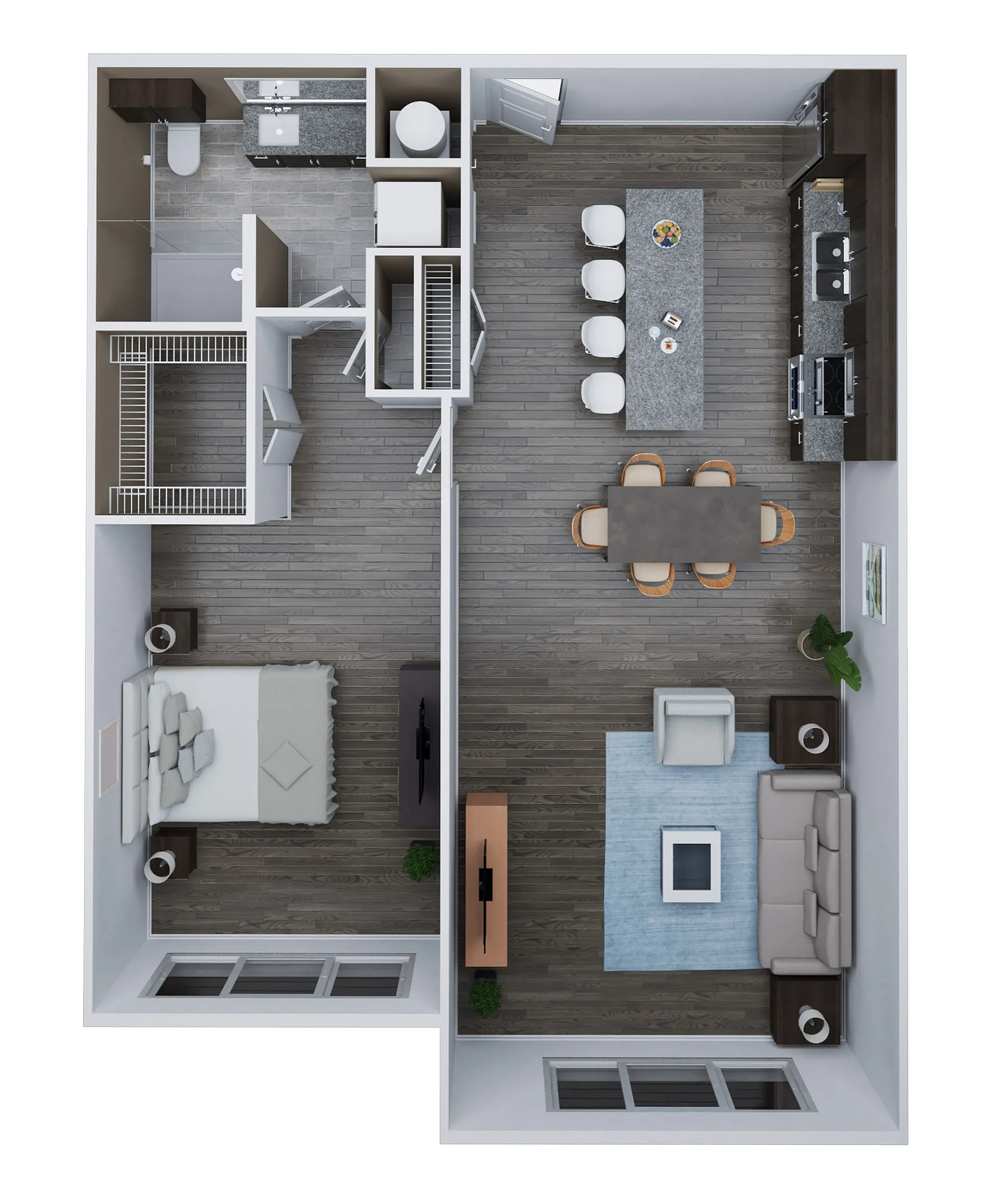 Unit B4 floor plan highlighting a spacious 1 bedroom, 1 bath layout with an open-concept kitchen and living area, covering 985 sq. ft.