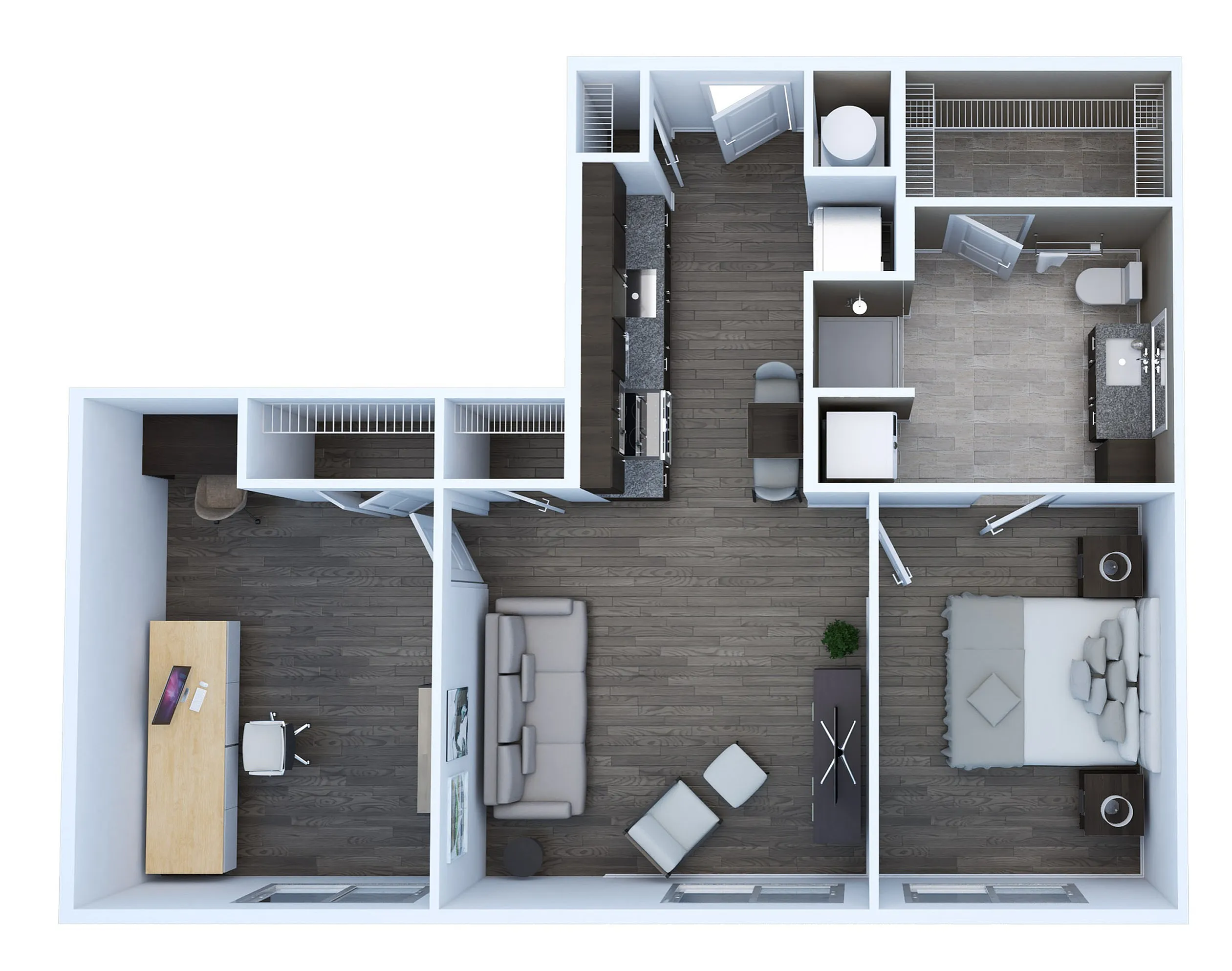 Contemporary 3D floor plan of Unit AE3 featuring 1 bedroom, a spacious bathroom, versatile study area, and an elegant open kitchen layout in 856 sq. ft.