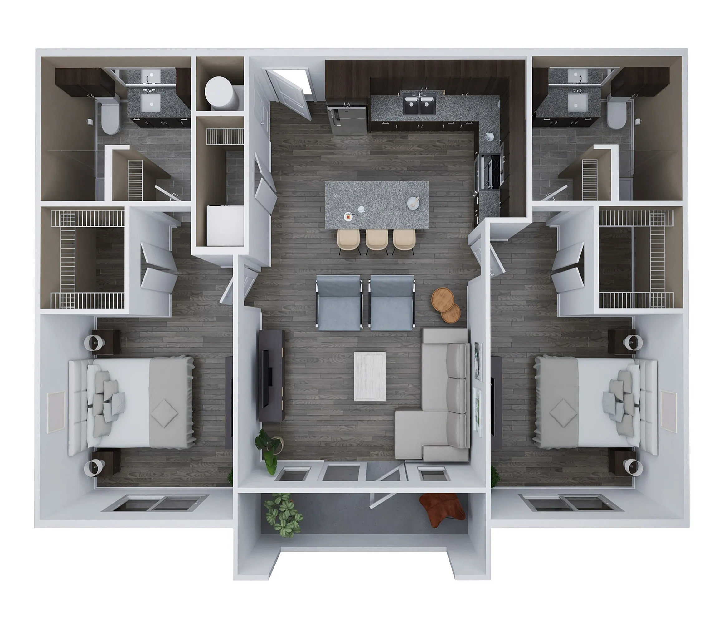 Modern 3D floor plan for Unit D featuring 2 bedrooms and 2 bathrooms with an open-concept living area and a chic kitchen, spanning 1,134 sq. ft.