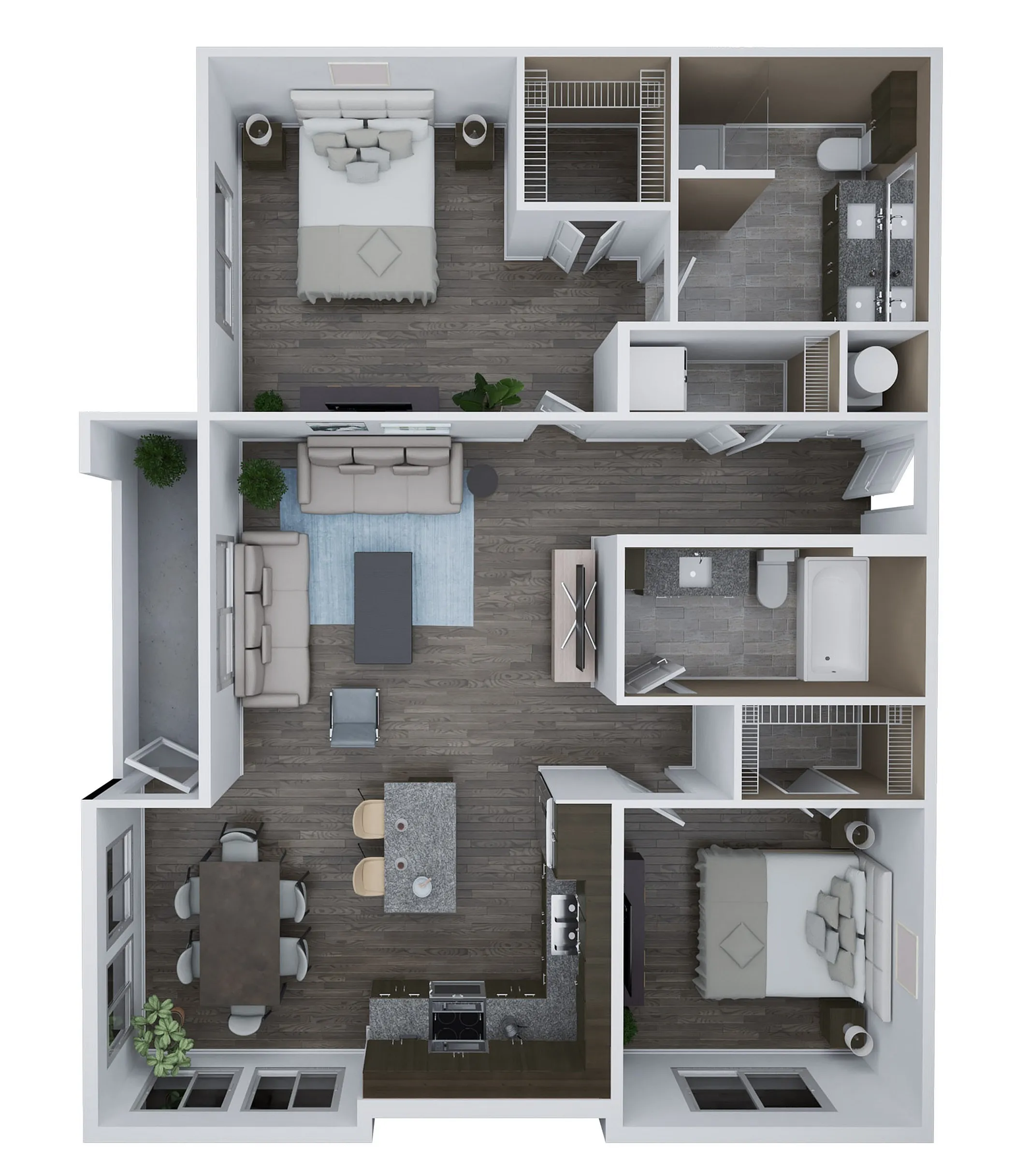Unit F1 spacious floor plan with 2 bedrooms, 2 baths, modern kitchen, and open living area, totaling 1,263 sq. ft.