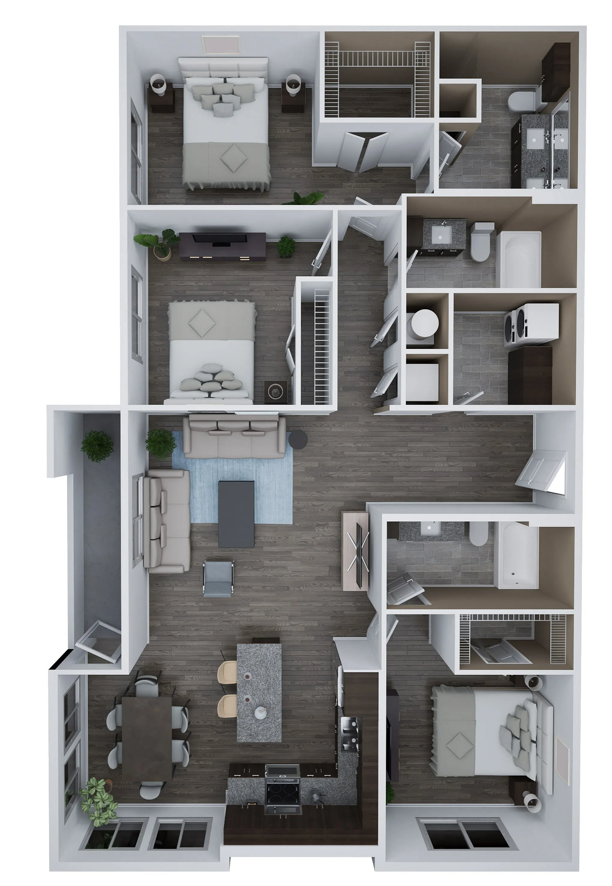 Modern Unit F2 floor plan showcasing a spacious 3-bedroom, 3-bathroom layout with open-concept living and dining areas, 1,594 sq ft of elegant design.