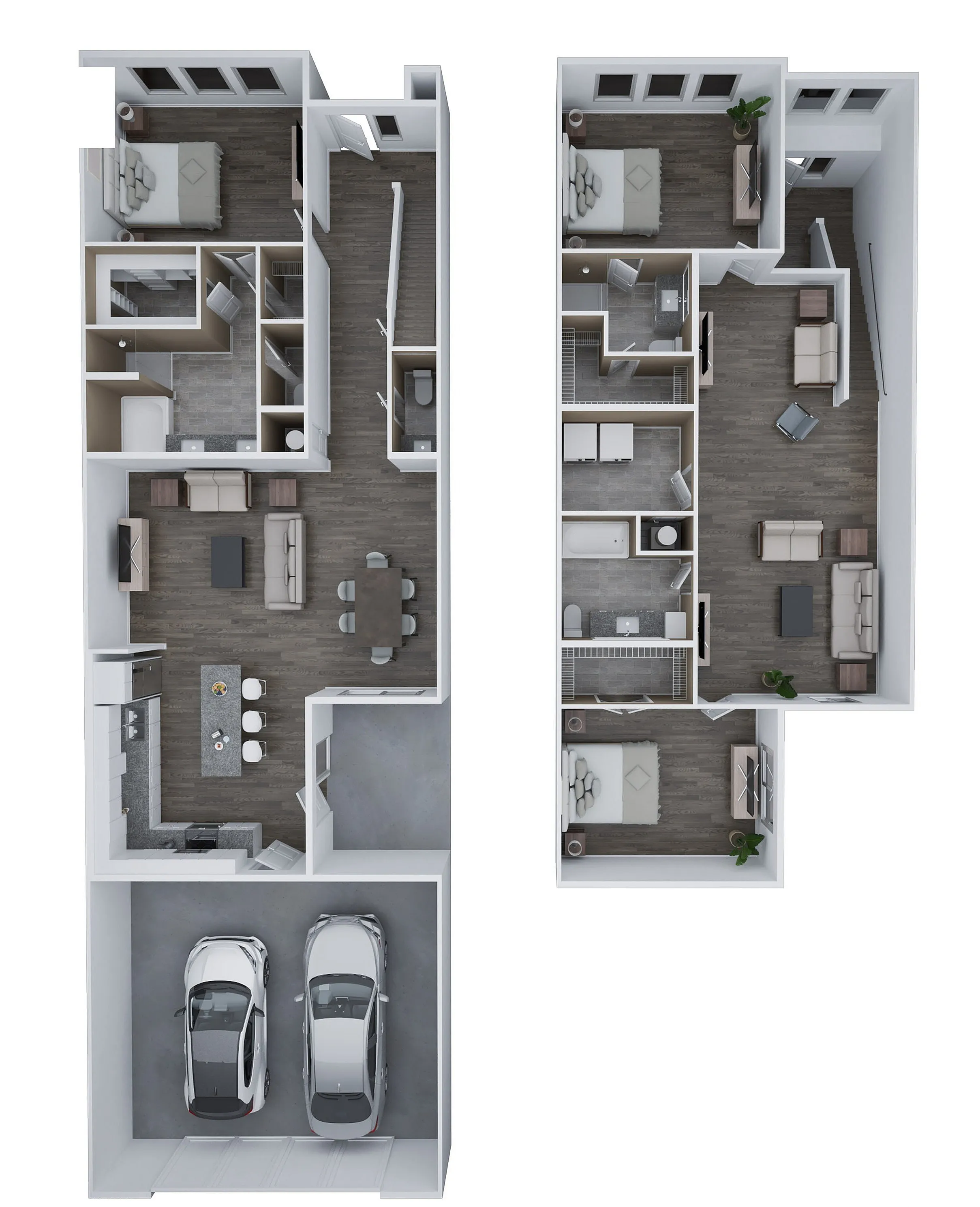 Modern 3D floor plan featuring two-level design with 3 bedrooms, spacious open-concept living area, stylish kitchen, and dual car garage, encompassing 1,296 sq. ft.