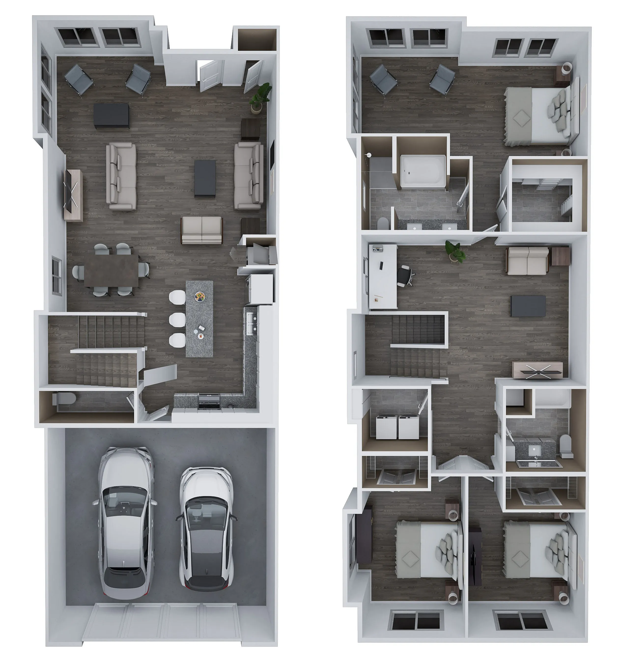Residence A floor plan, showcasing a modern 3 bedroom, 2.5 bath layout with a spacious open-concept living area and dual car garage, spanning 2,387 sq. ft.