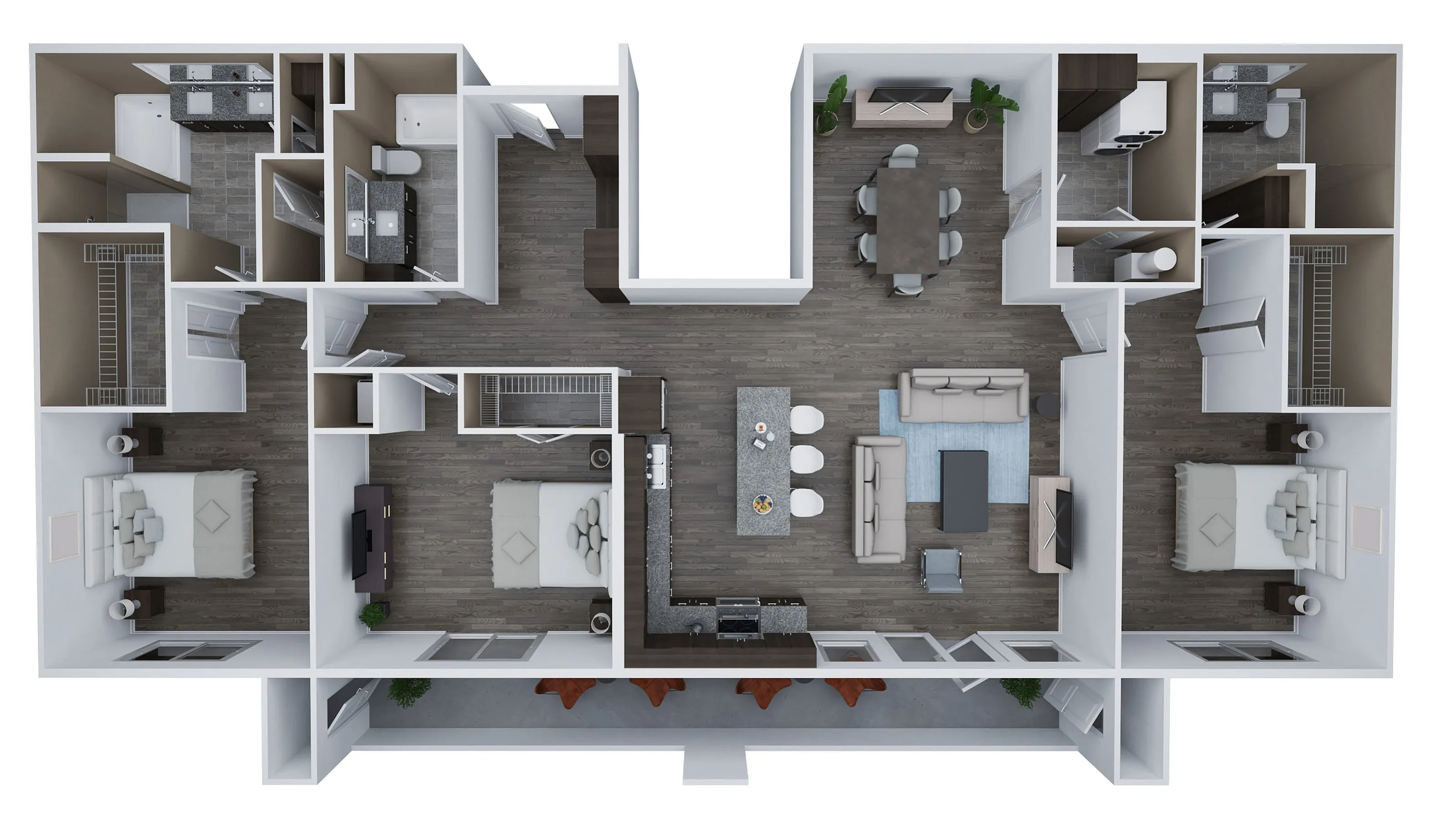 Unit H2 3D floor plan highlighting 3 bedrooms, elegant open-concept living and dining areas, and modern kitchens in 2,088 sq. ft.