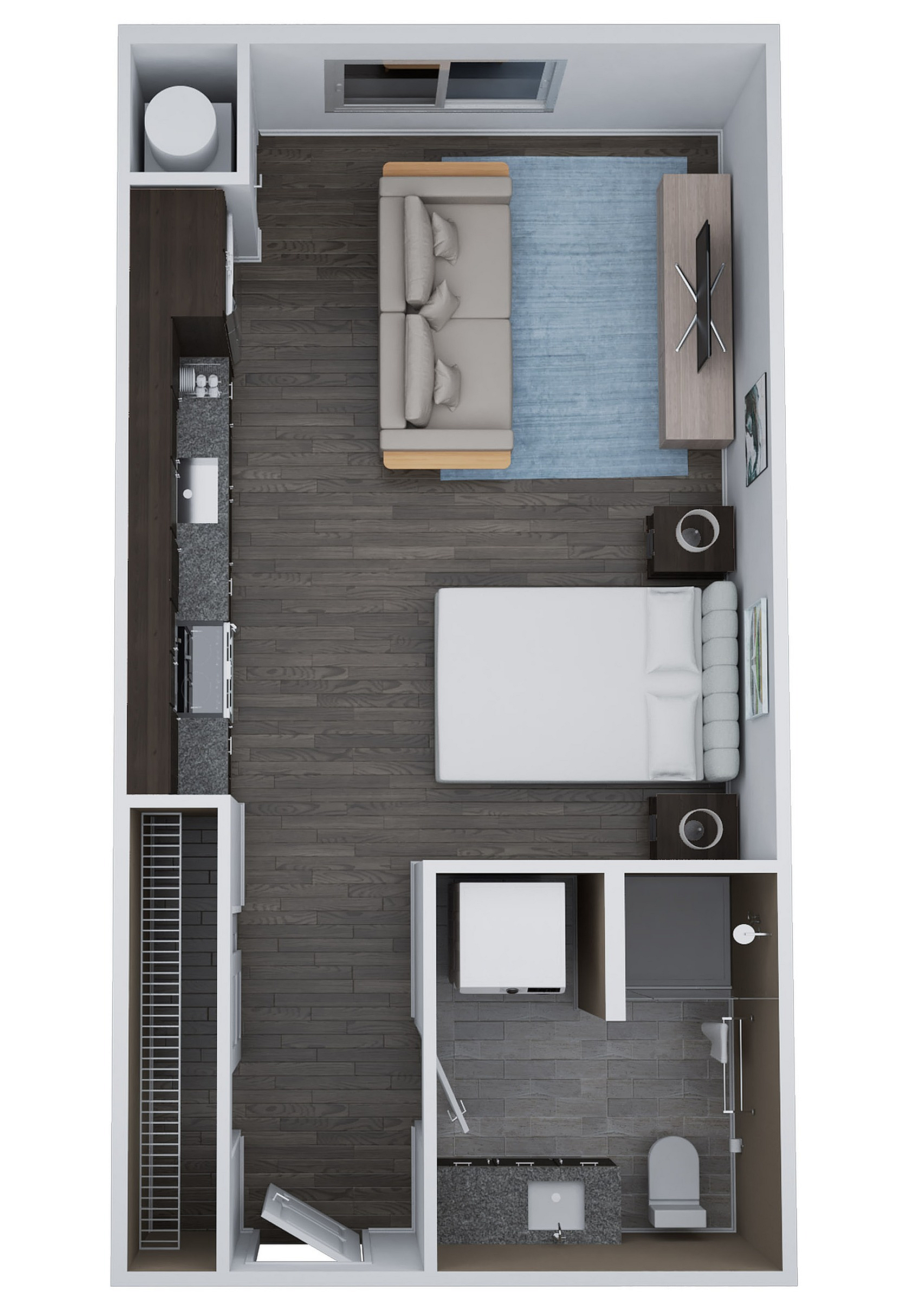 Sleek Unit AM1 studio layout featuring a cozy living area, modern kitchen, and a functional 1-bath design, spanning 496 sq. ft.