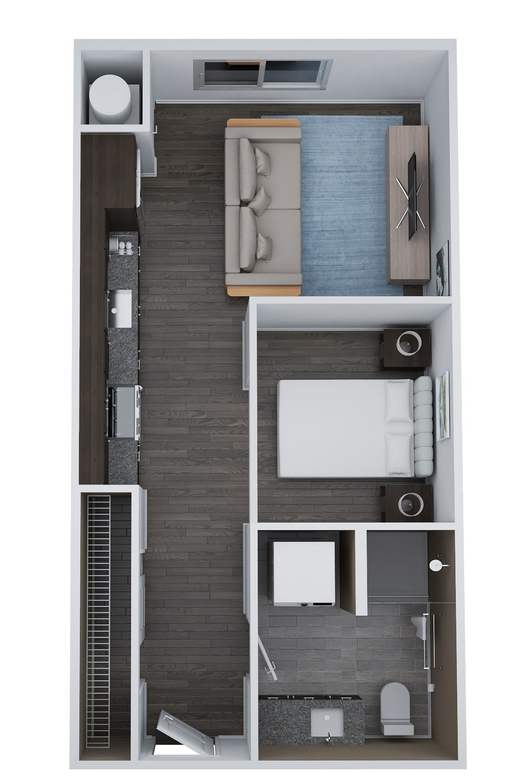 Modern floor plan of Unit AM2 featuring a stylish studio layout with one bathroom, efficient kitchen area, and cozy living space in 496 sq. ft.