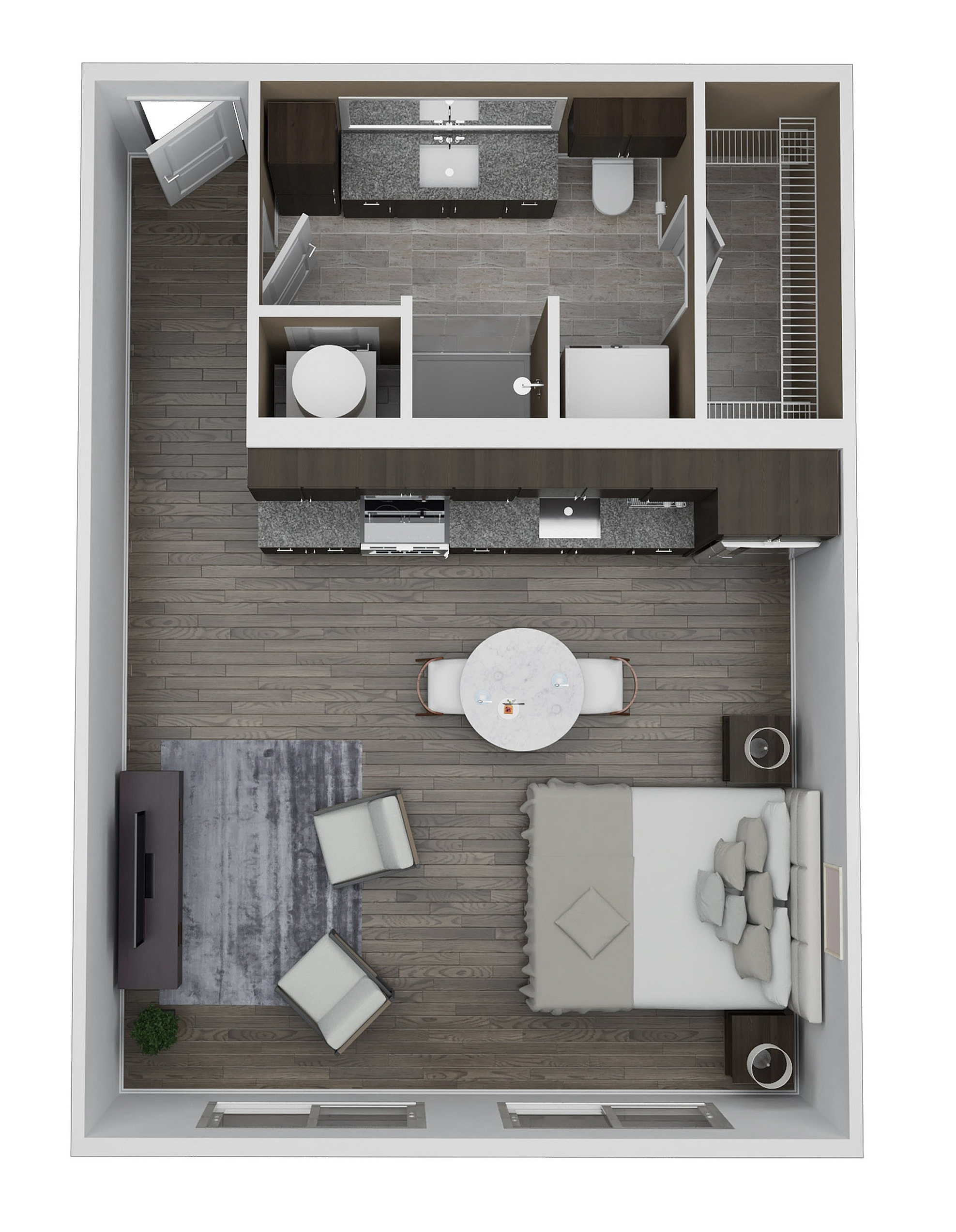 Modern studio apartment floor plan, Unit AE1, showcasing 580 sq. ft. with open living space, sleek kitchen, and stylish bathroom.