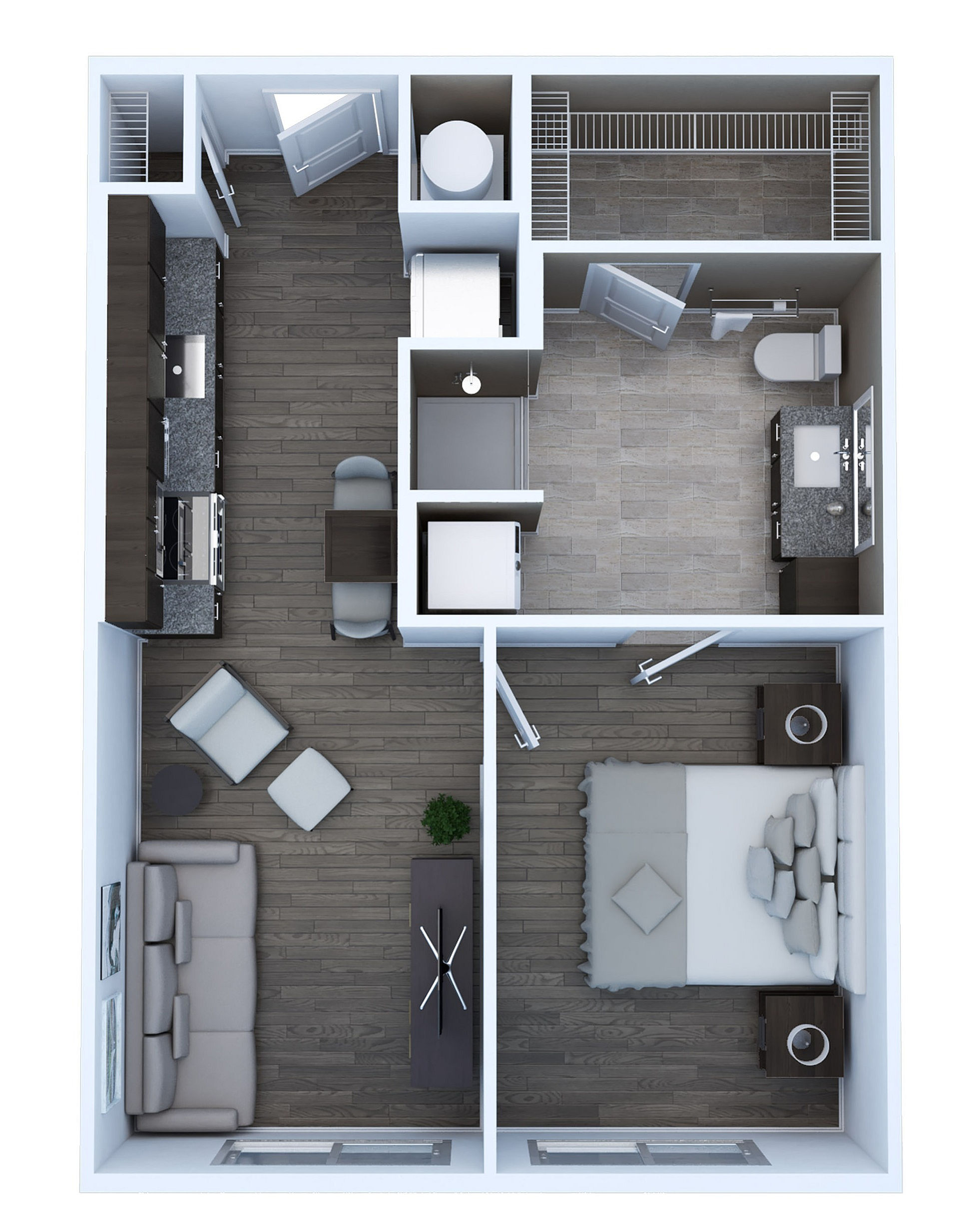Chic 3D floor plan of Unit AE2 featuring a cozy studio layout with a bedroom, modern kitchen, inviting living area, and 1 bathroom, covering 580 sq. ft.