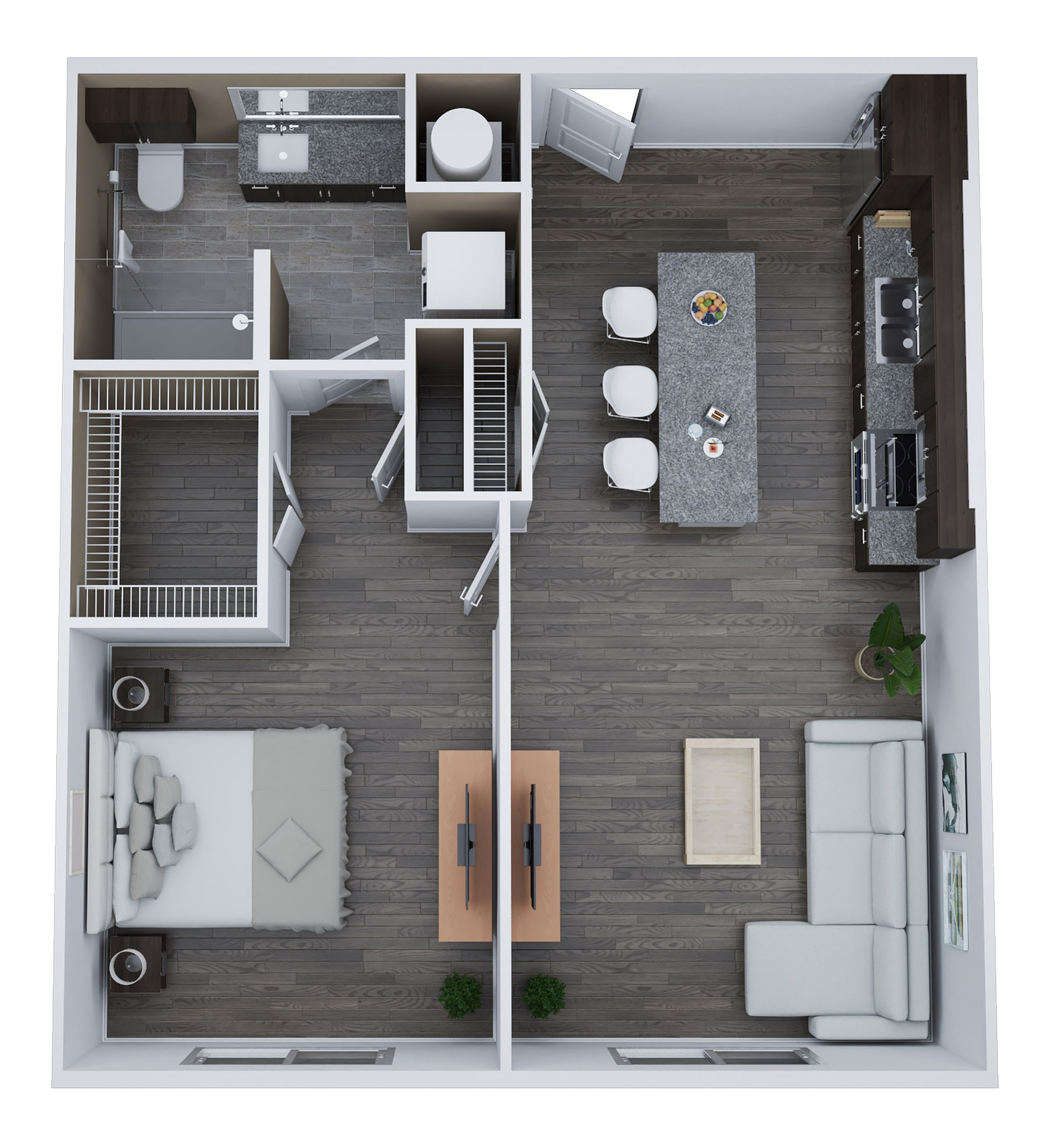 Chic 3D floor plan of Unit B1 showcasing 1 bedroom and 1 bath in 780 sq. ft., featuring open kitchen design and cozy living area.