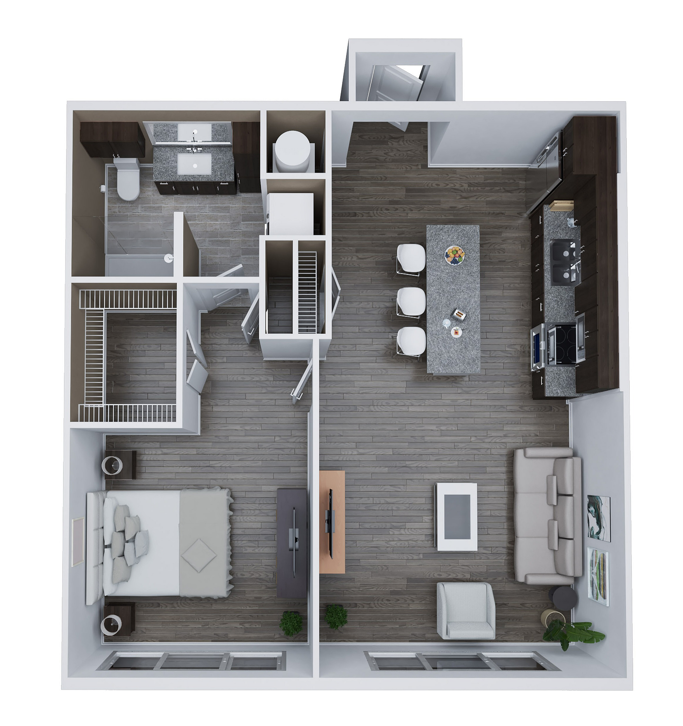 Unit B2 floor plan featuring a stylish 1 bedroom, 1 bath layout with an open-concept kitchen and living area, spanning 797 sq. ft.