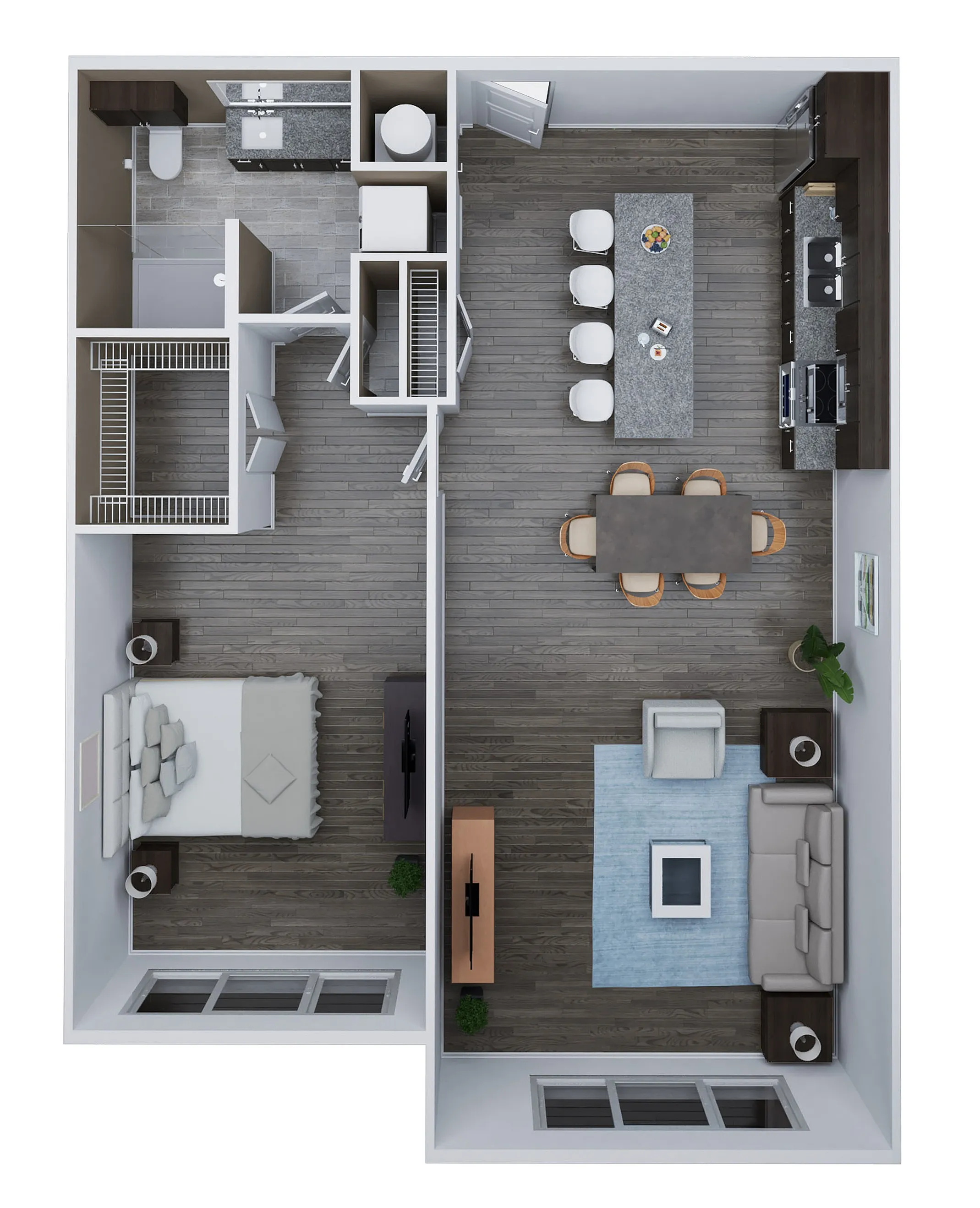 Chic floor plan for Unit B4 featuring 1 bedroom, 1 bath, a spacious open-concept living and dining area with modern kitchen, 985 sq ft.