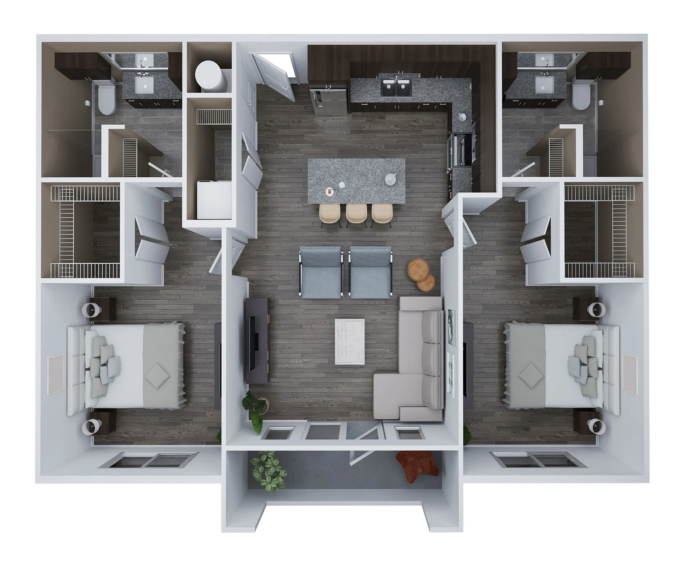 Modern Unit D2 floor plan showcasing 2 bedrooms, 2 bathrooms, a stylish open kitchen with island, and a cozy living area, 1134 sq ft.