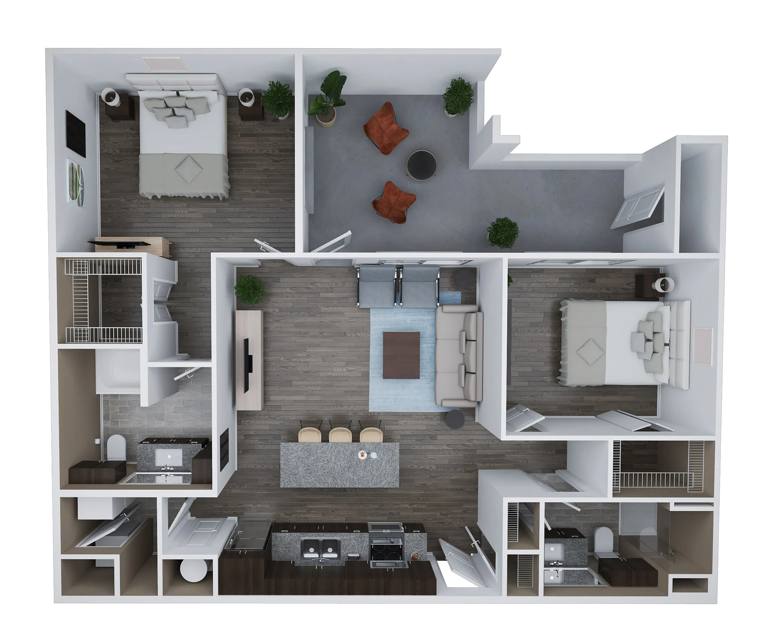 Elegant 3D floor plan of Unit E featuring 2 bedrooms, 2 bathrooms, a modern kitchen with an island, spacious living area, and cozy patio. Total area of 1,175 sq. ft.