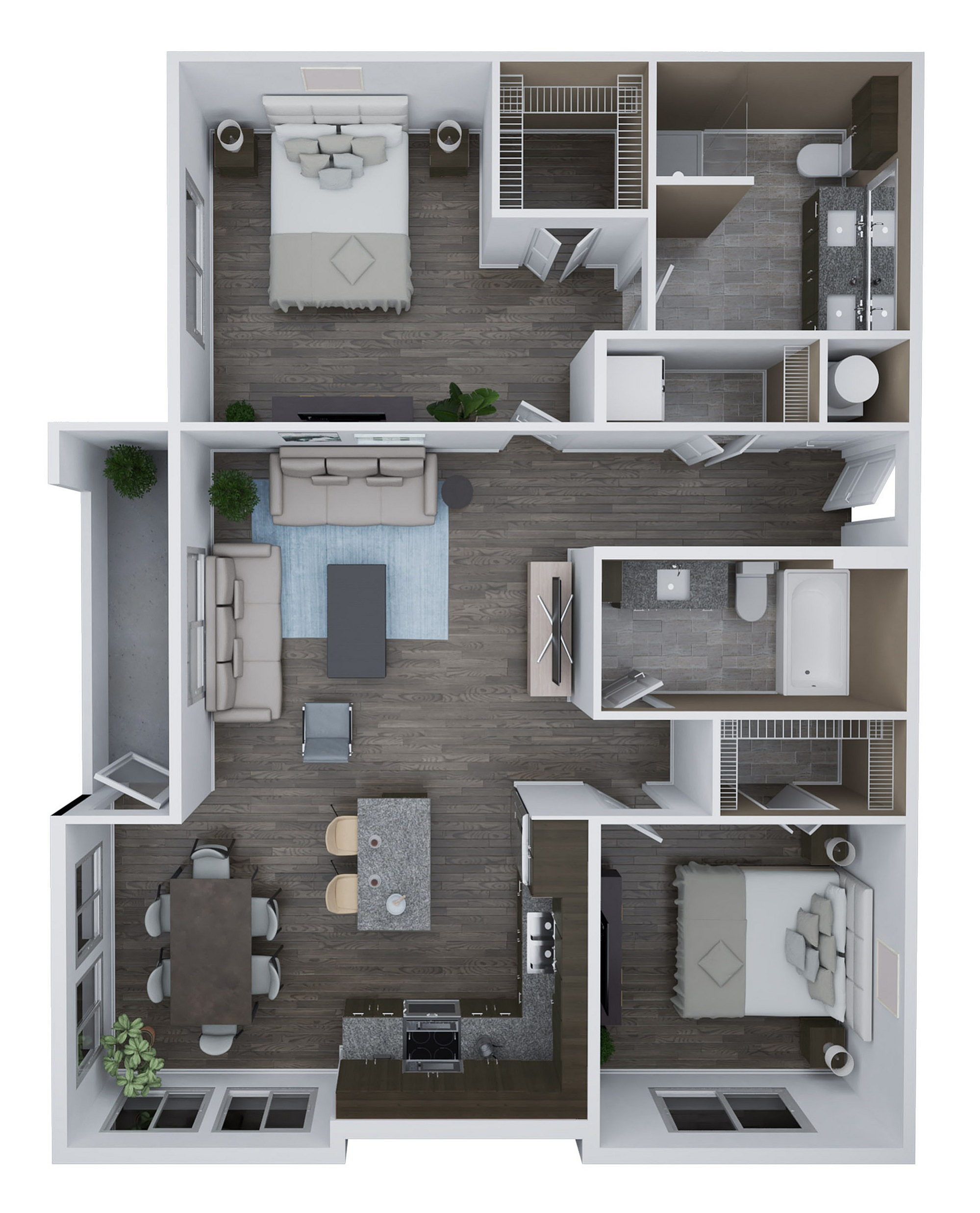 Contemporary 3D floor plan of Unit F1 featuring 2 bedrooms and 2 bathrooms spread across 1,263 sq. ft., with open-concept living and dining areas and a modern kitchen.