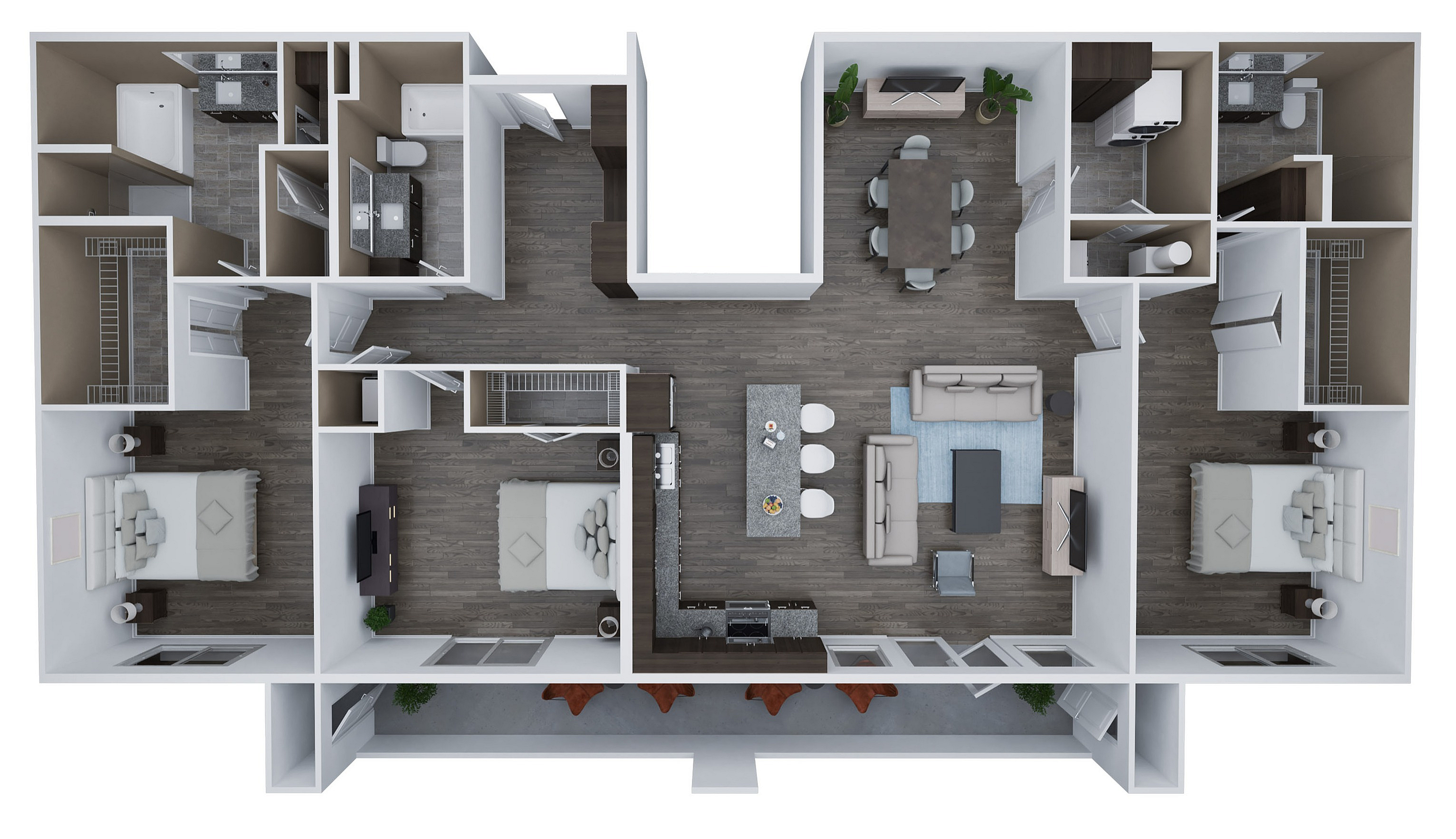 Modern floor plan of Unit H2 showcasing spacious 3 bedrooms and 3 bathrooms, open-concept living area, and sleek kitchen, 2088 sq ft.