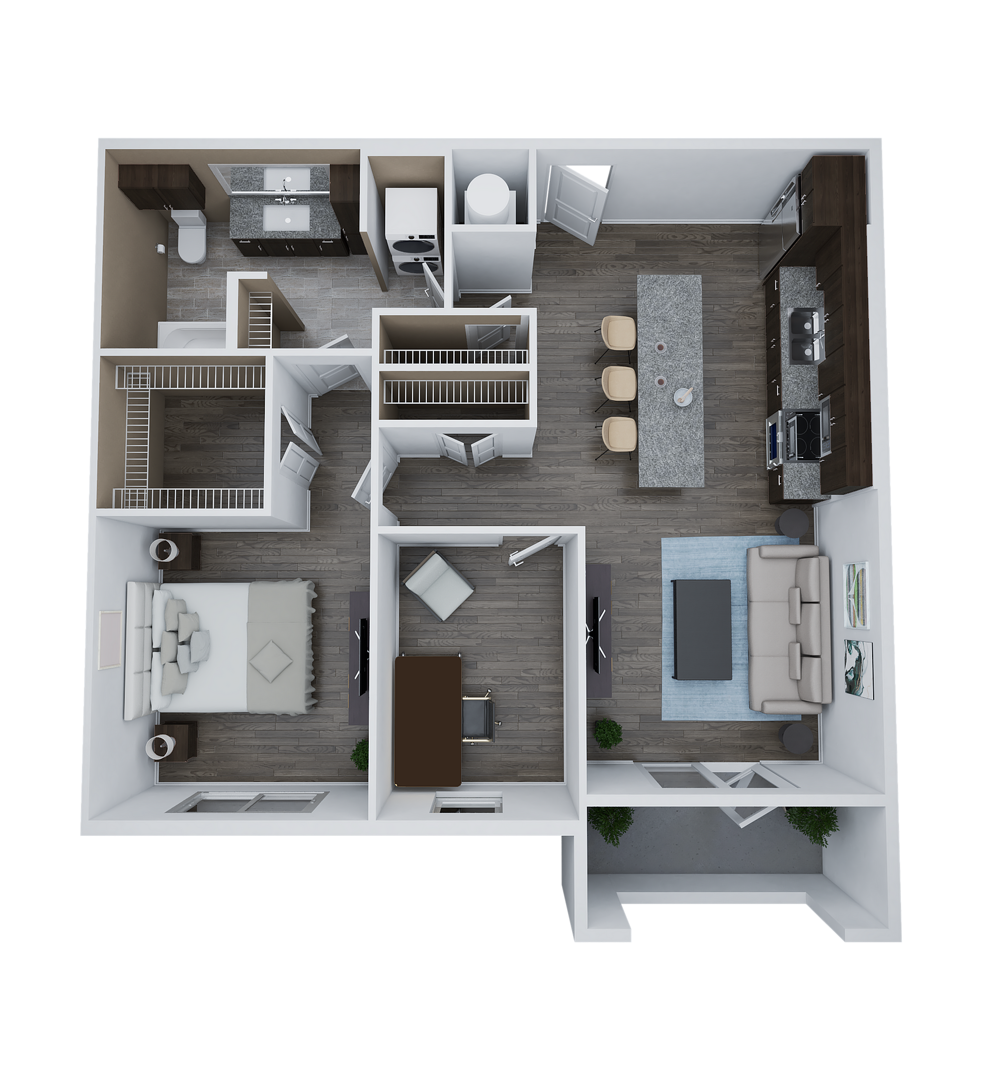 Contemporary 2D floor plan showcasing 1 bedroom, a stylish bathroom, a modern kitchen with an island, and an open living area perfect for relaxation.