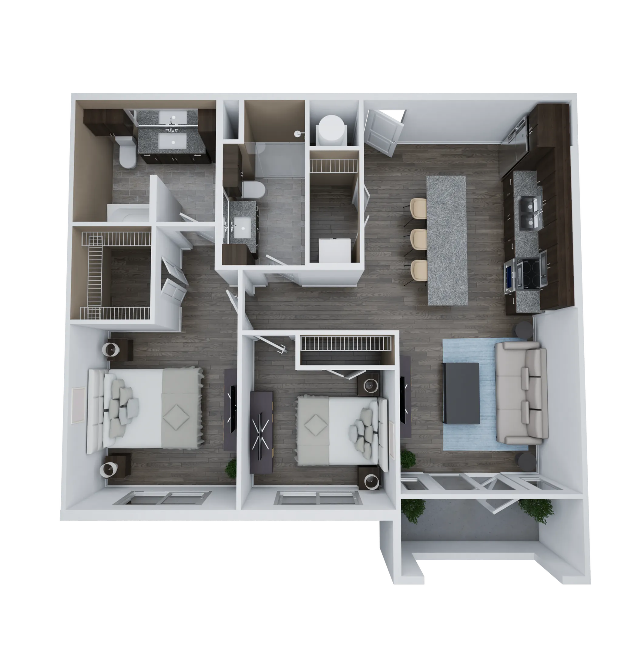 Contemporary 3D floor plan showcasing a beautiful layout with 2 bedrooms, 2 bathrooms, an open kitchen with island, and a cozy living area leading to a private balcony.