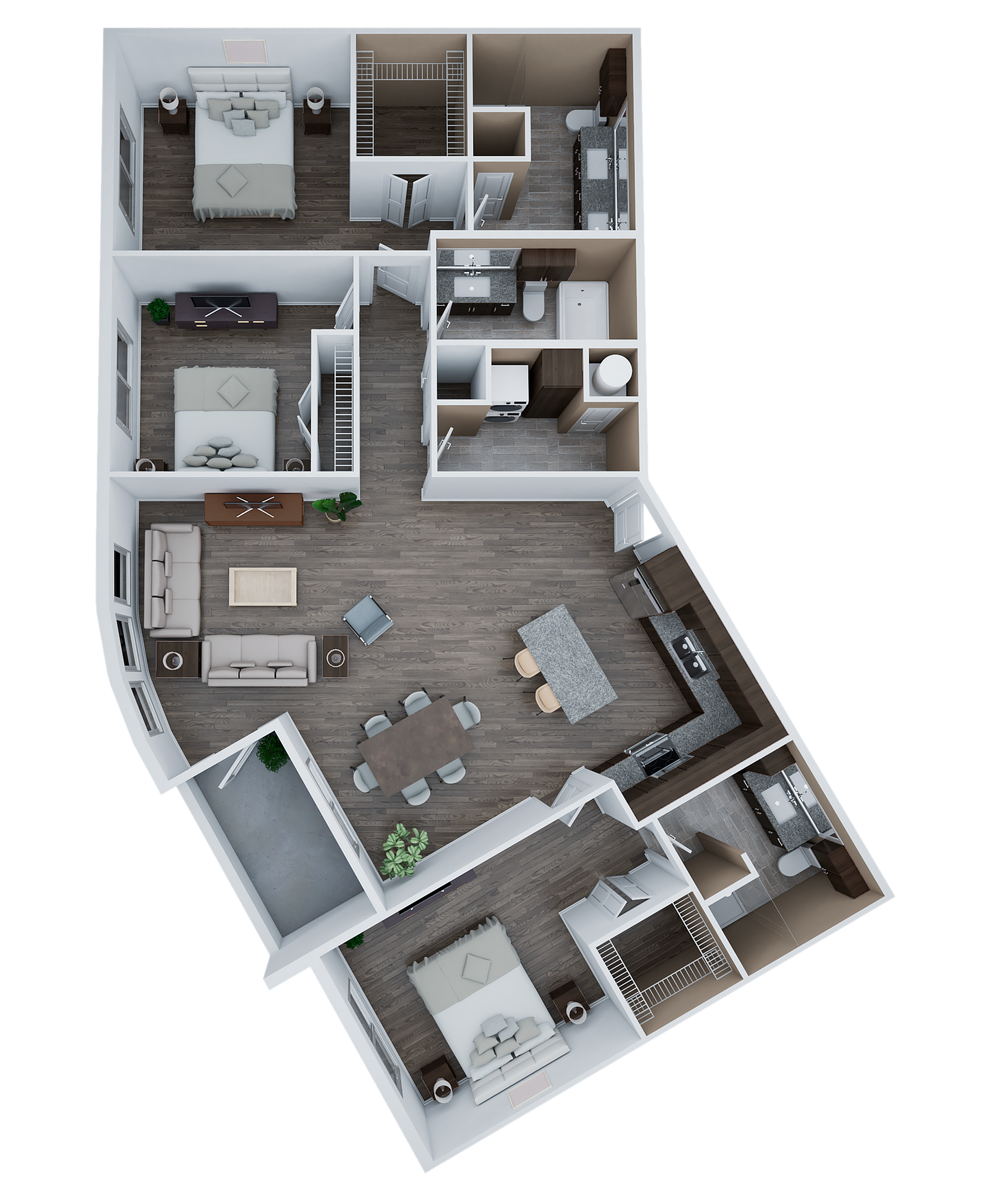 Modern 3D floor plan showcasing 3 bedrooms, spacious open-concept living and dining area, and a sleek kitchen with a breakfast bar.