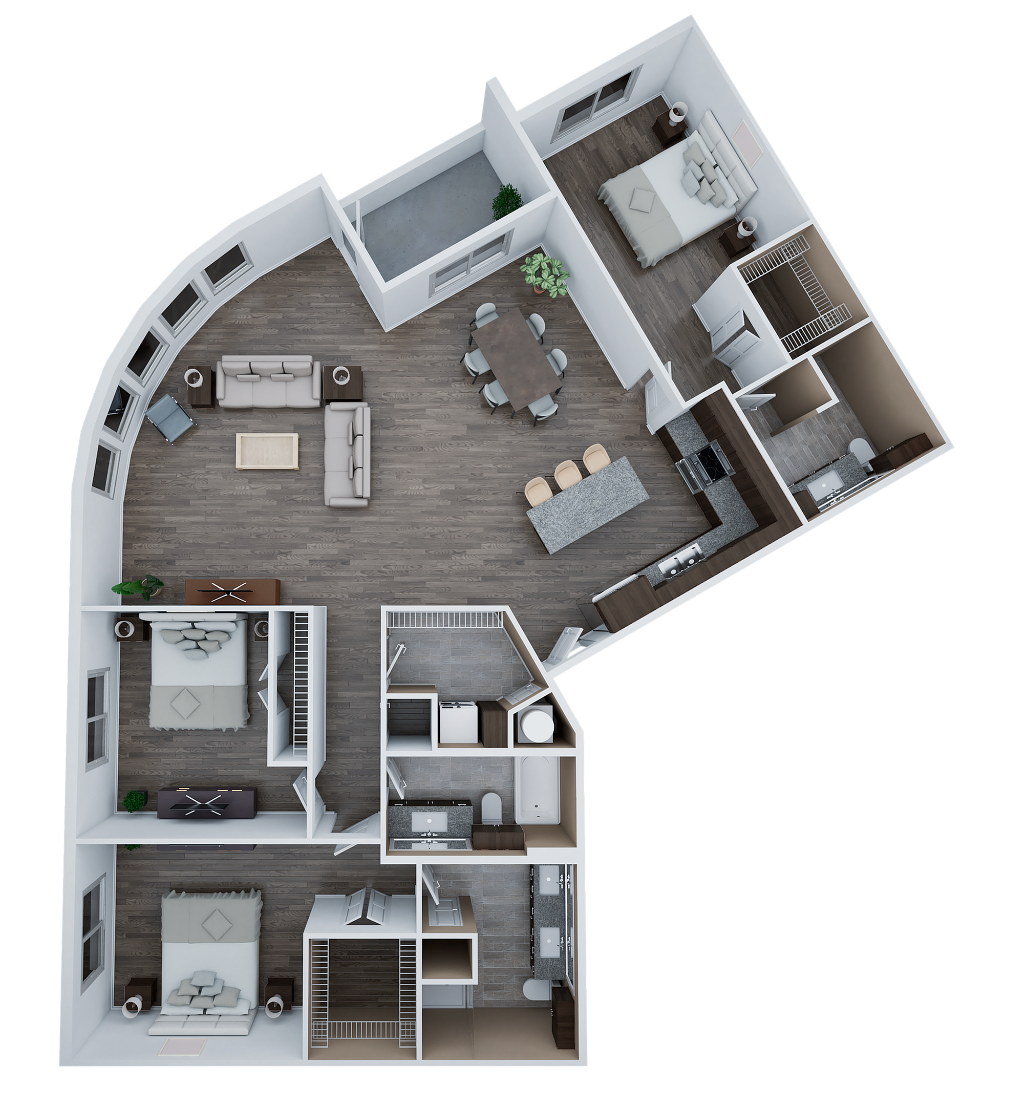 Elegant 3D floor plan showcasing three bedrooms, a modern kitchen with island, open-concept living and dining area, and two bathrooms.