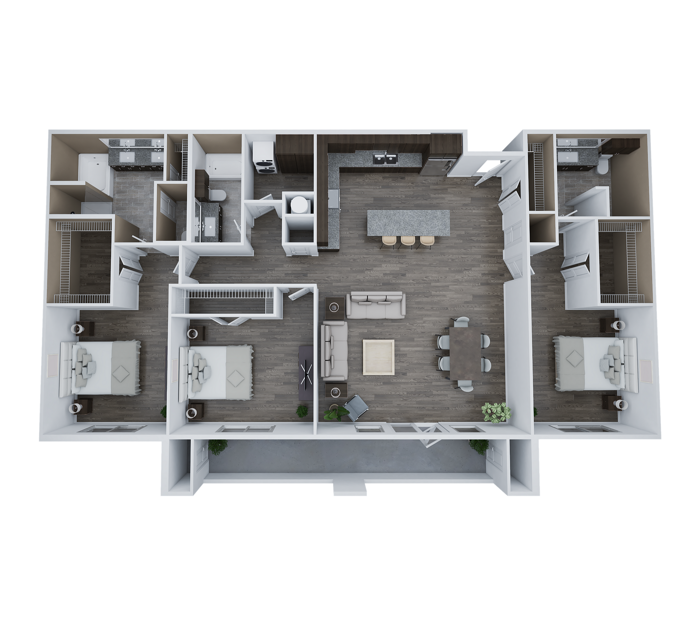 Sleek and modern 3D floor plan showcasing 3 spacious bedrooms, an open living and dining area, and a contemporary kitchen with an island.