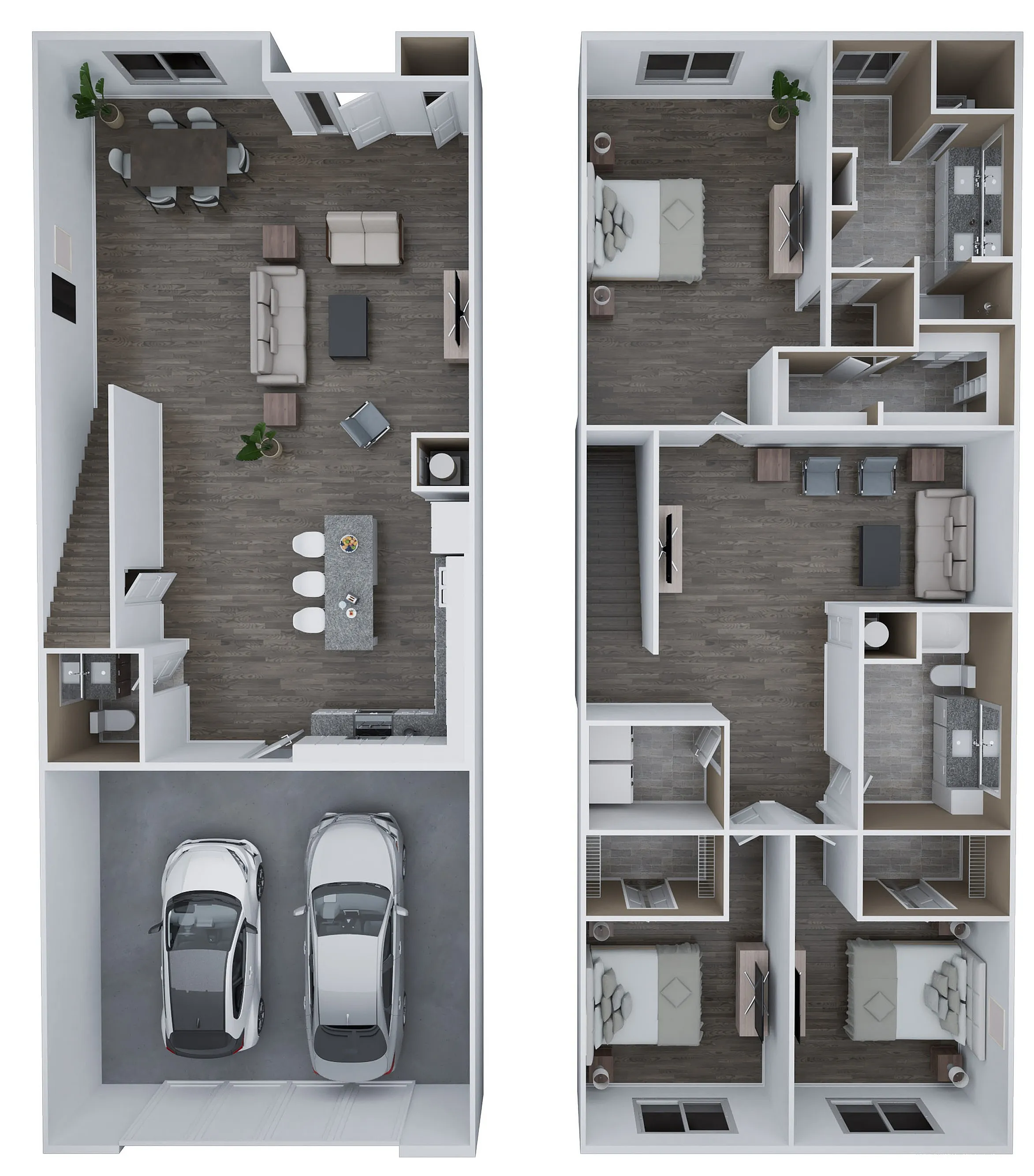 Elegant 3D floor plan of Residence B showcasing 3 bedrooms and 2.5 bathrooms over two spacious levels. Includes a vibrant open-concept living and dining area, modern kitchen, and double car garage. Total area of 2,577 sq. ft.