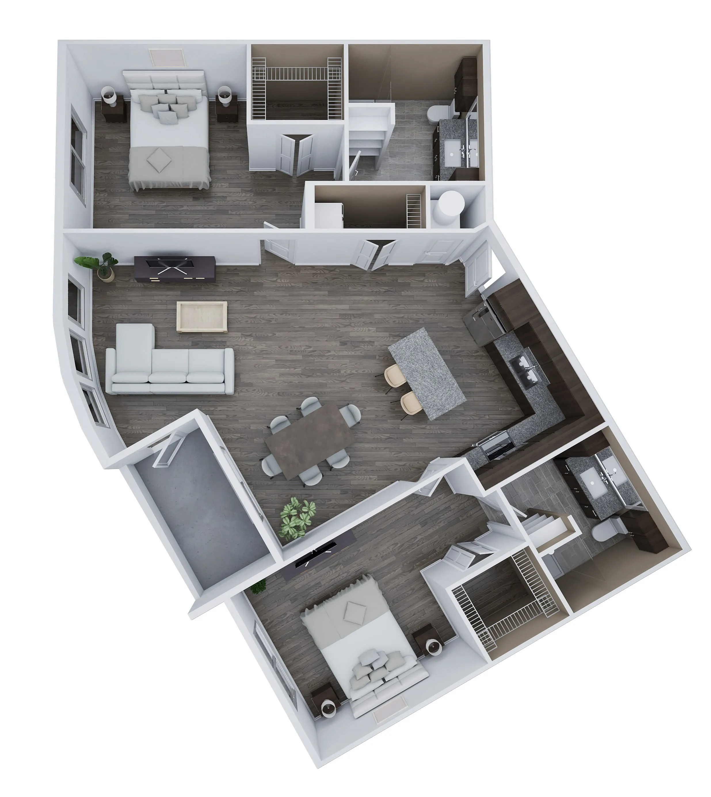 Modern 3D floor plan of Unit G1 showcasing 2 bedrooms and 2 bathrooms with an open-concept living and dining area, elegant kitchen, and chic design across 1,292 sq. ft.