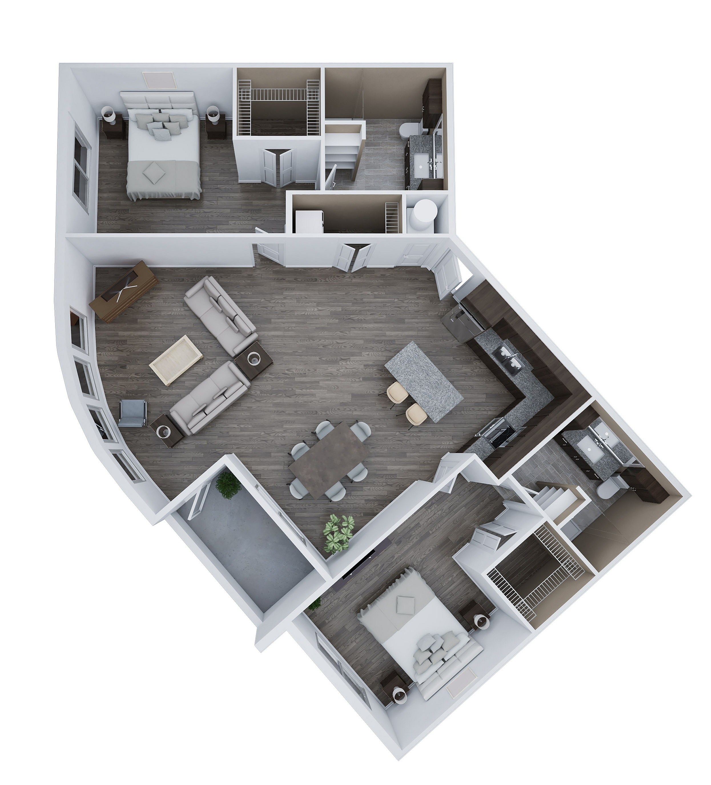 Elegant 3D floor plan of Unit G2, featuring 2 spacious bedrooms, 2 modern bathrooms, and an open-concept living area with a stylish kitchen, covering 1,411 sq ft.