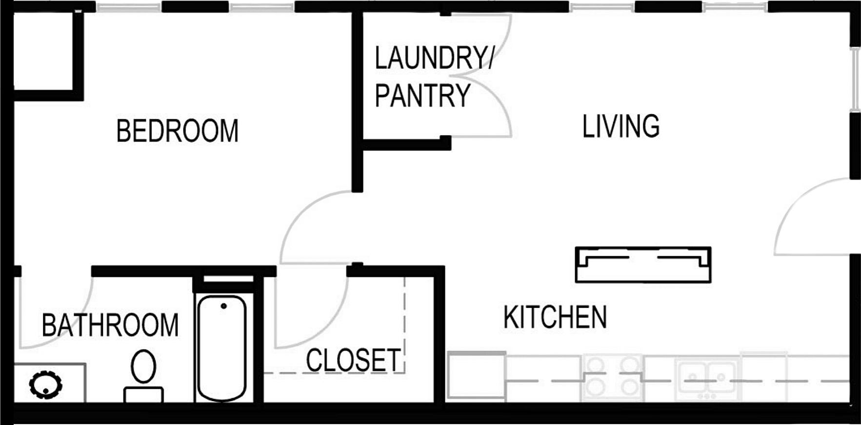Modern floor plan featuring a spacious living room, cozy bedroom, and well-equipped kitchen, alongside a convenient laundry pantry and bathroom.