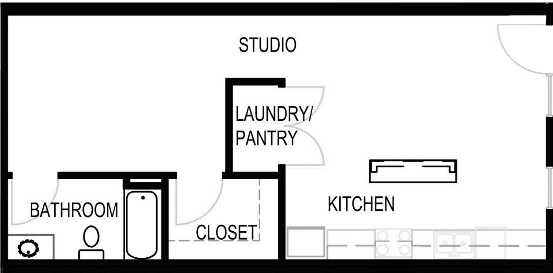 Contemporary studio apartment floor plan featuring a spacious open studio area, modern kitchen, bathroom, closet, and convenient laundry/pantry space.