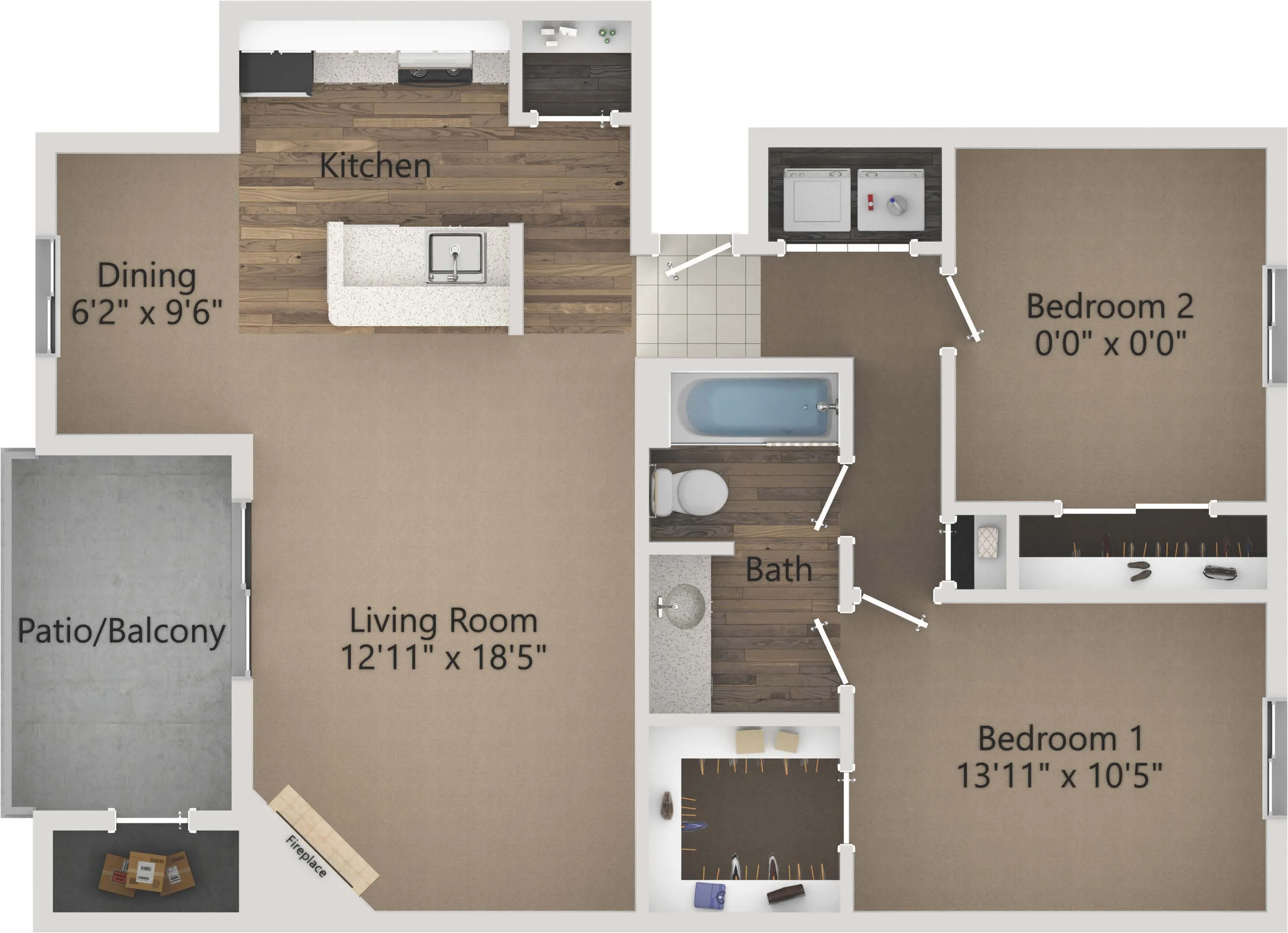 Contemporary floor plan featuring 2 spacious bedrooms, a living room with a fireplace, kitchen, bath, and patio.