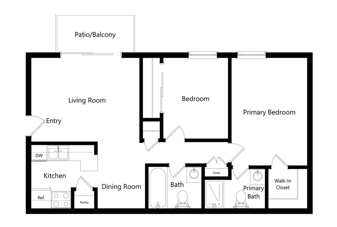 Modern floor plan showcasing 2 bedrooms, 2 baths, spacious living room, dining area, and kitchen. Includes patio/balcony and walk-in closet.