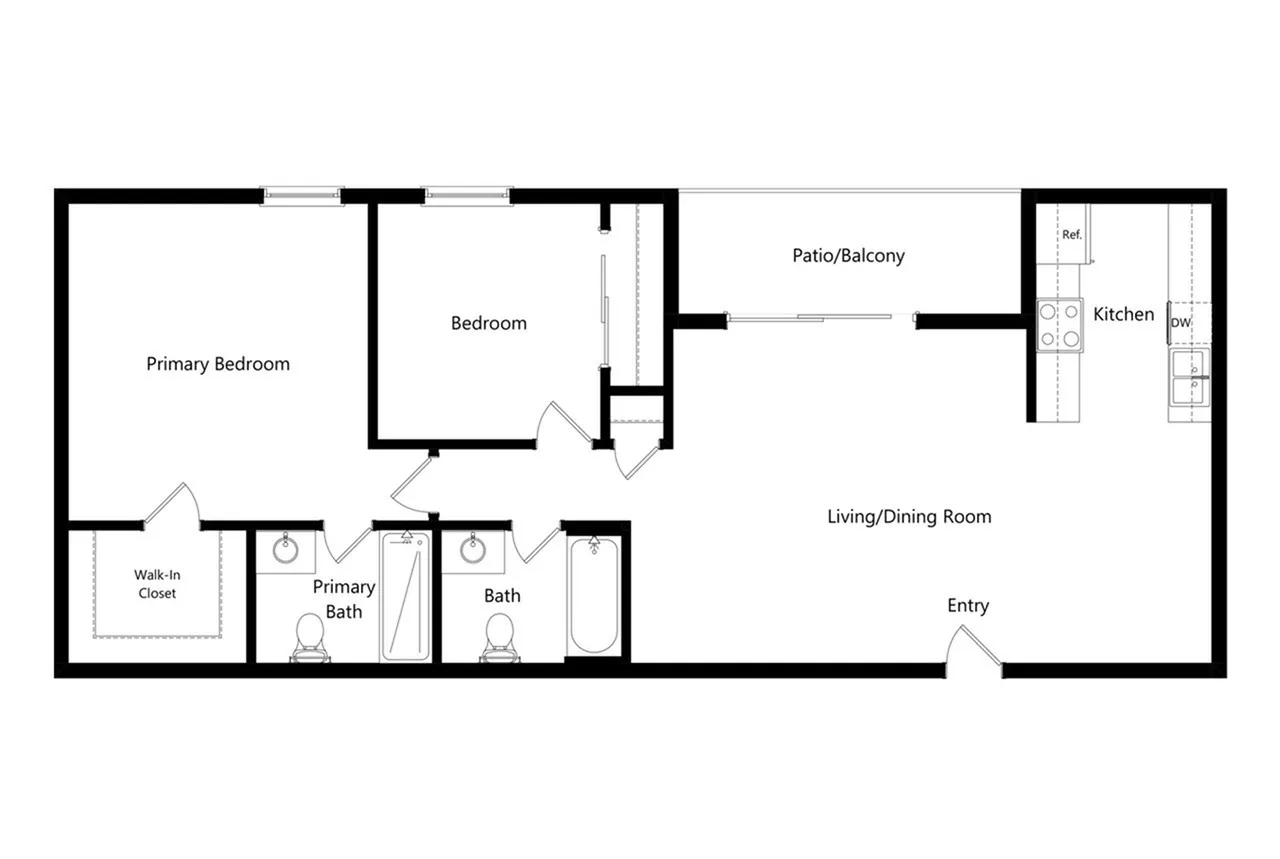 Modern floor plan featuring two bedrooms, two baths, an open living/dining area, and a kitchen with patio access.