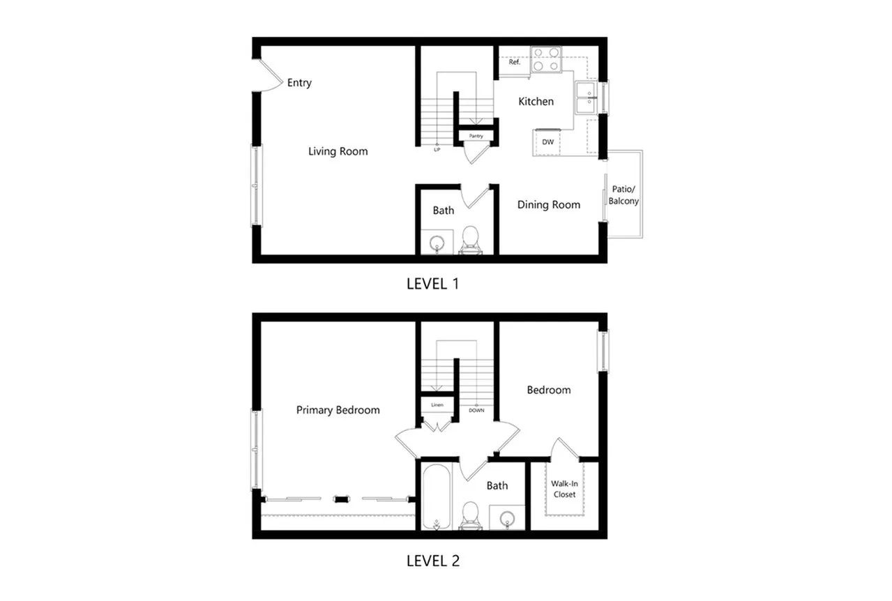 Modern two-level floor plan featuring a spacious living room, open kitchen with dining area, and patio on the first level; two bedrooms on the second level including a primary suite with a walk-in closet.